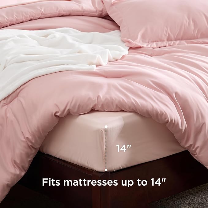 Bedsure King Comforter Set Pink, 8 Pieces Prewashed King Size Bed in a Bag with Soft Fleece Bed Blanket, Down Alternative Bedding Set for All Seasons, Sheets, Pillowcases & Shams