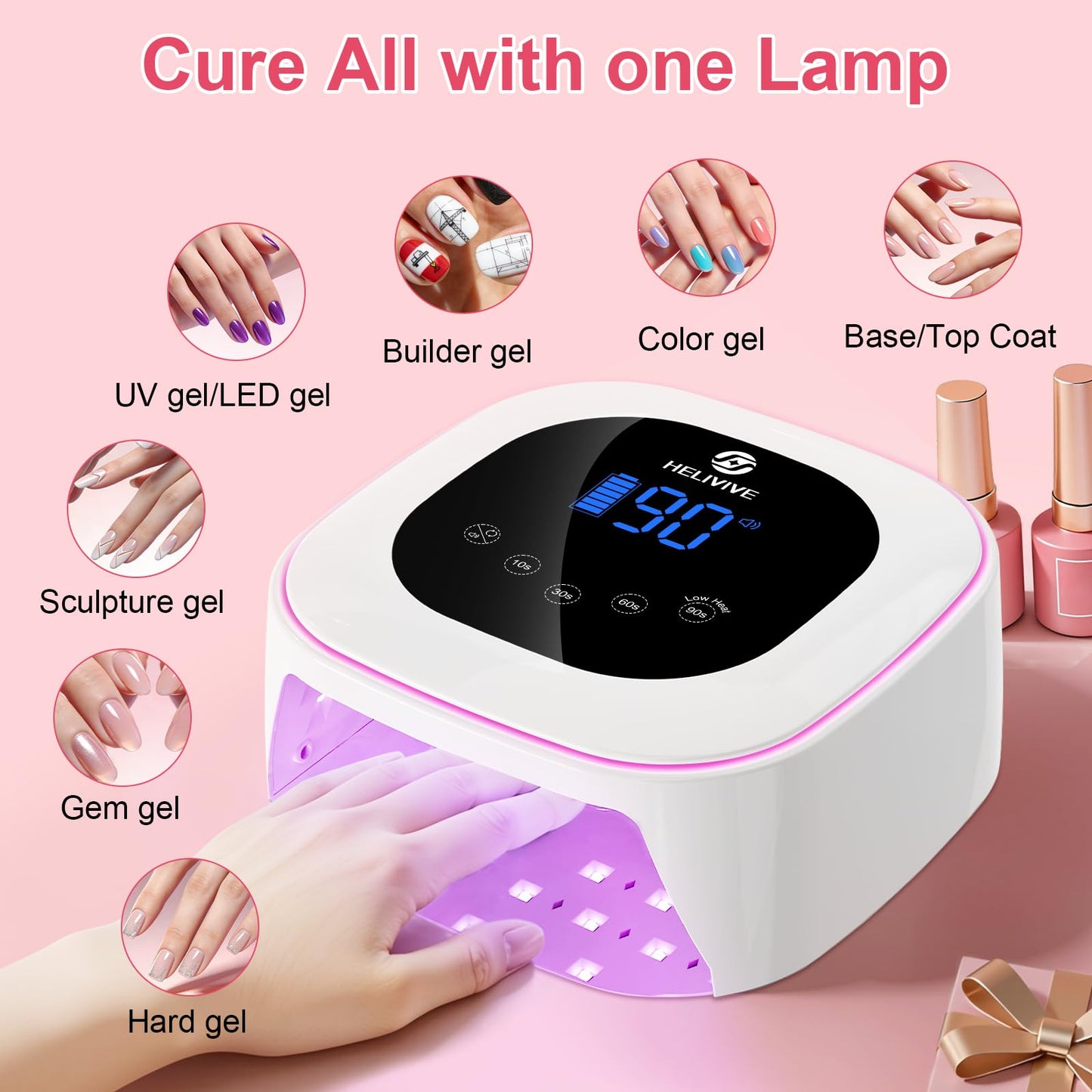 HELIVIVE Cordless UV LED Nail Lamp, 80W Rechargeable Nail Dryer with 4 Timers, Atmosphere Light & Mirror Base, UV Light for All Gel Nails, Ideal for Training,Nail Art Practice,Home & Salon Use (White)