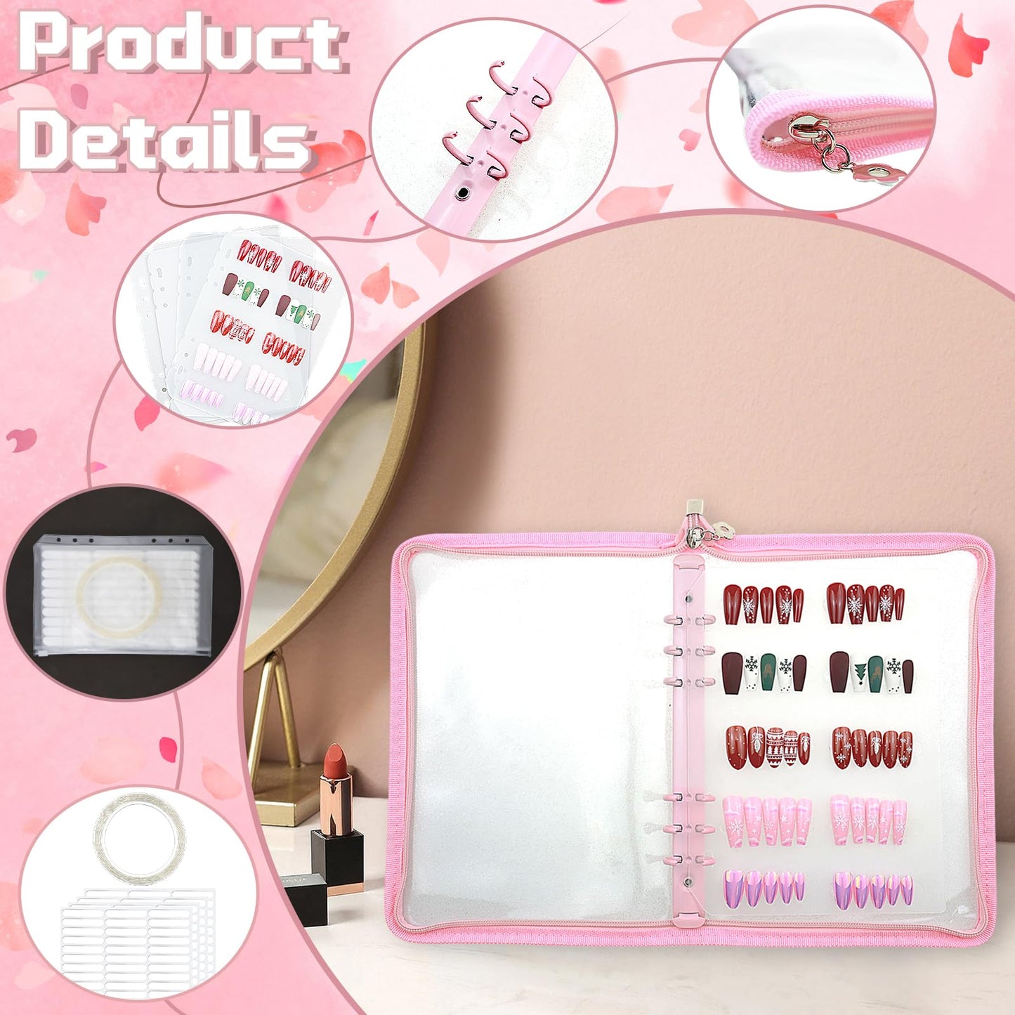 Oskrieel Press on nail storage Nail Storage Book - Portable Versatile Organizer for Press - On Nails, Jewelry and More with 90 Pcs Adhesive Double Sided Tape