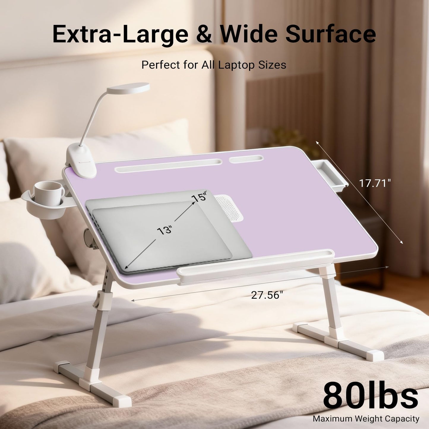 iXTRA Laptop Lap Desk with Cooling Fan - Adjustable Bed Desk with Light, Bed Table with Cup Holder&Phone Holder - Storage Drawer Desk - Folding Bed Desk,Purple,70x45cm