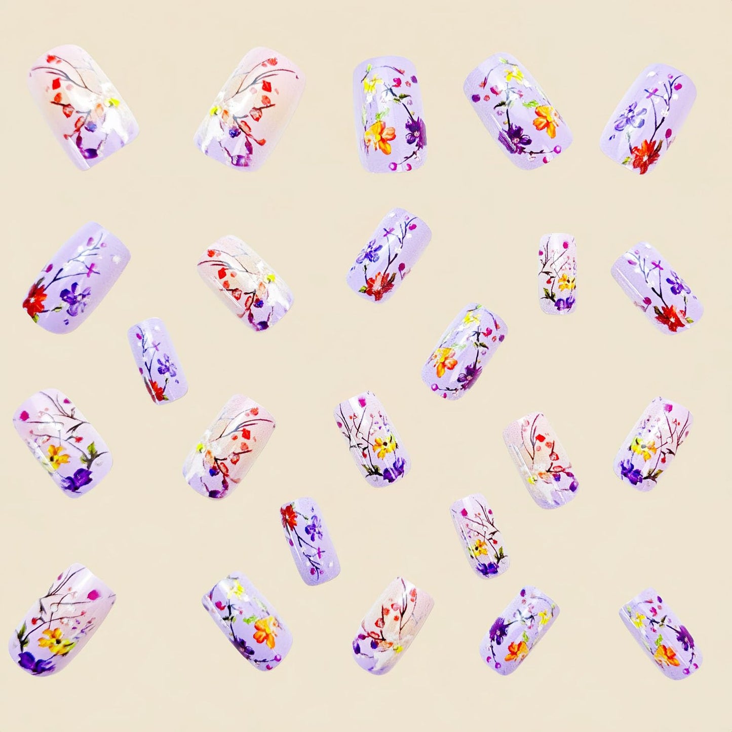 Summer Press on Nails Medium Square Fake Nails with Color Floral Designs Glossy Nails Press ons Purple Glue on Nails Spring Acrylic Nails Artificial Stick on Nails for Women 24Pcs