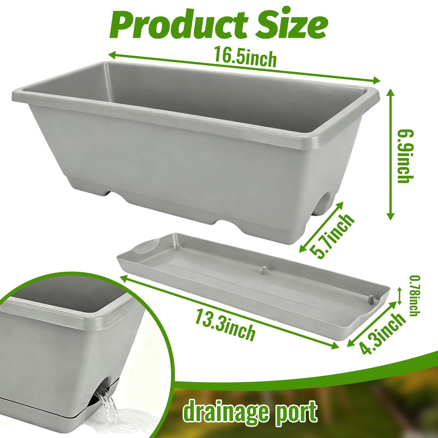 7 Pack Outdoor Planters, Plastic Rectangular Flower Pots with Saucers and Gardening Tools, 17 Inches for Indoor/Outdoor Plants, Herbs, Vegetables, Includes Trowel, Waterproof Mat & Gloves(Offwhite)