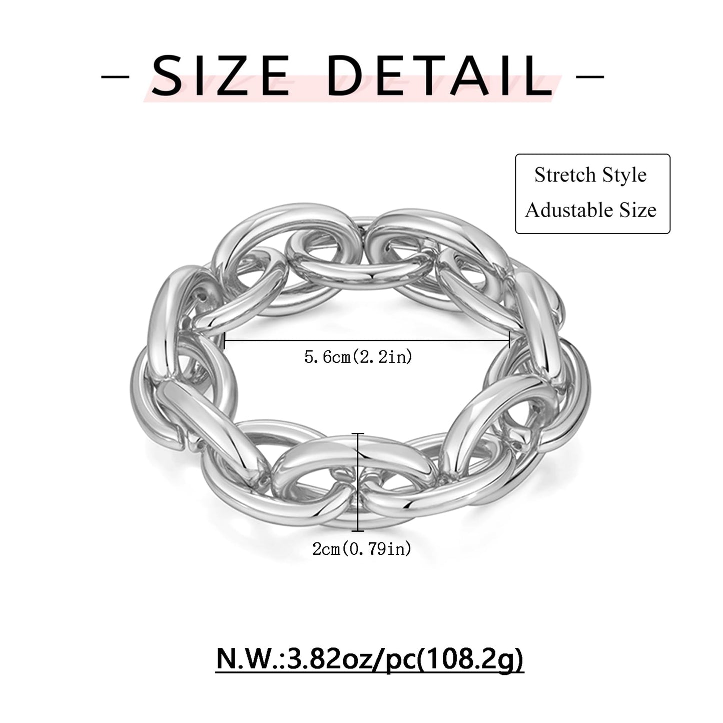 WOWORAMA Silver Chunky Bracelet for Women Thick Chunky Chain Bracelets Elastic Stretch Link Chain Bracelets Adjustable Silver Statement Bracelet