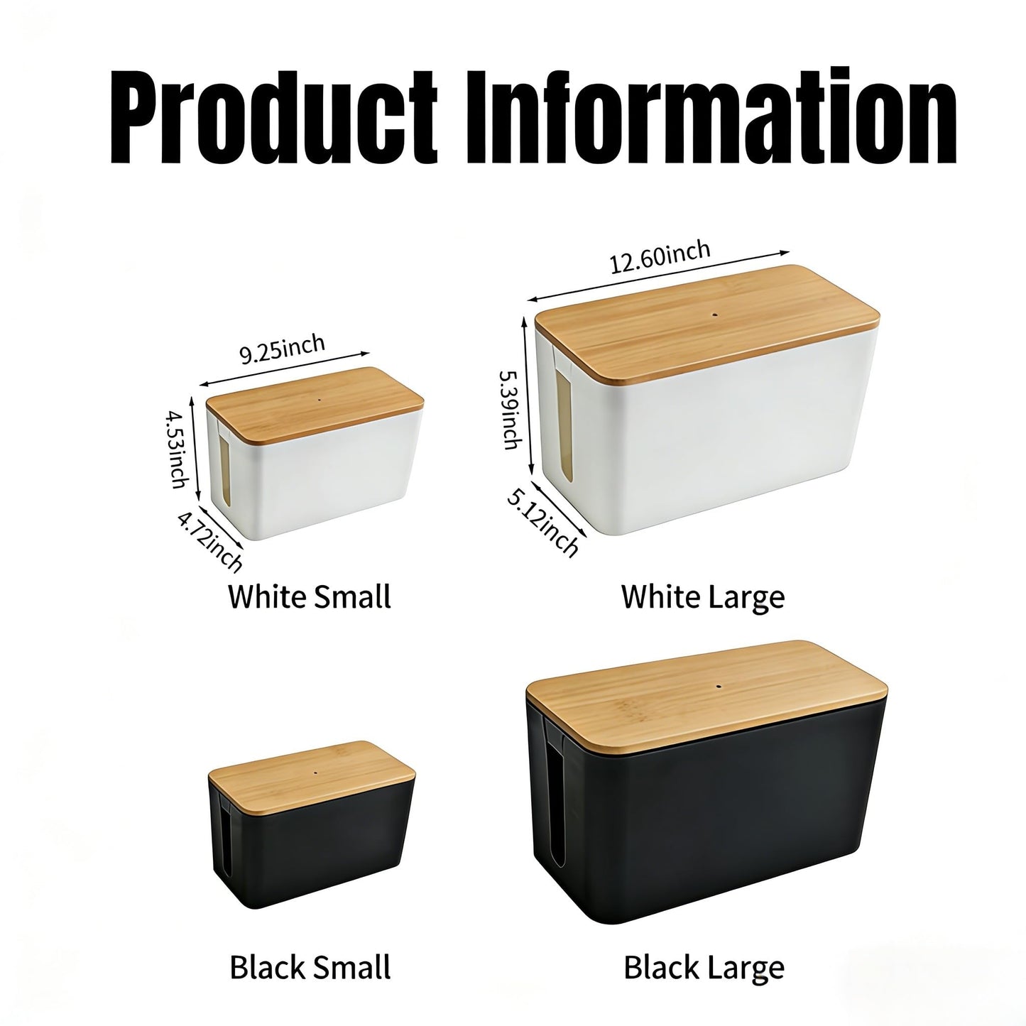 1 Large + 1 Small Cable Management Box Set – 2-Piece Cord Organizer Box, Home Office Desk Wire Storage & Cable Management Solution (Bamboo Lid/Black)