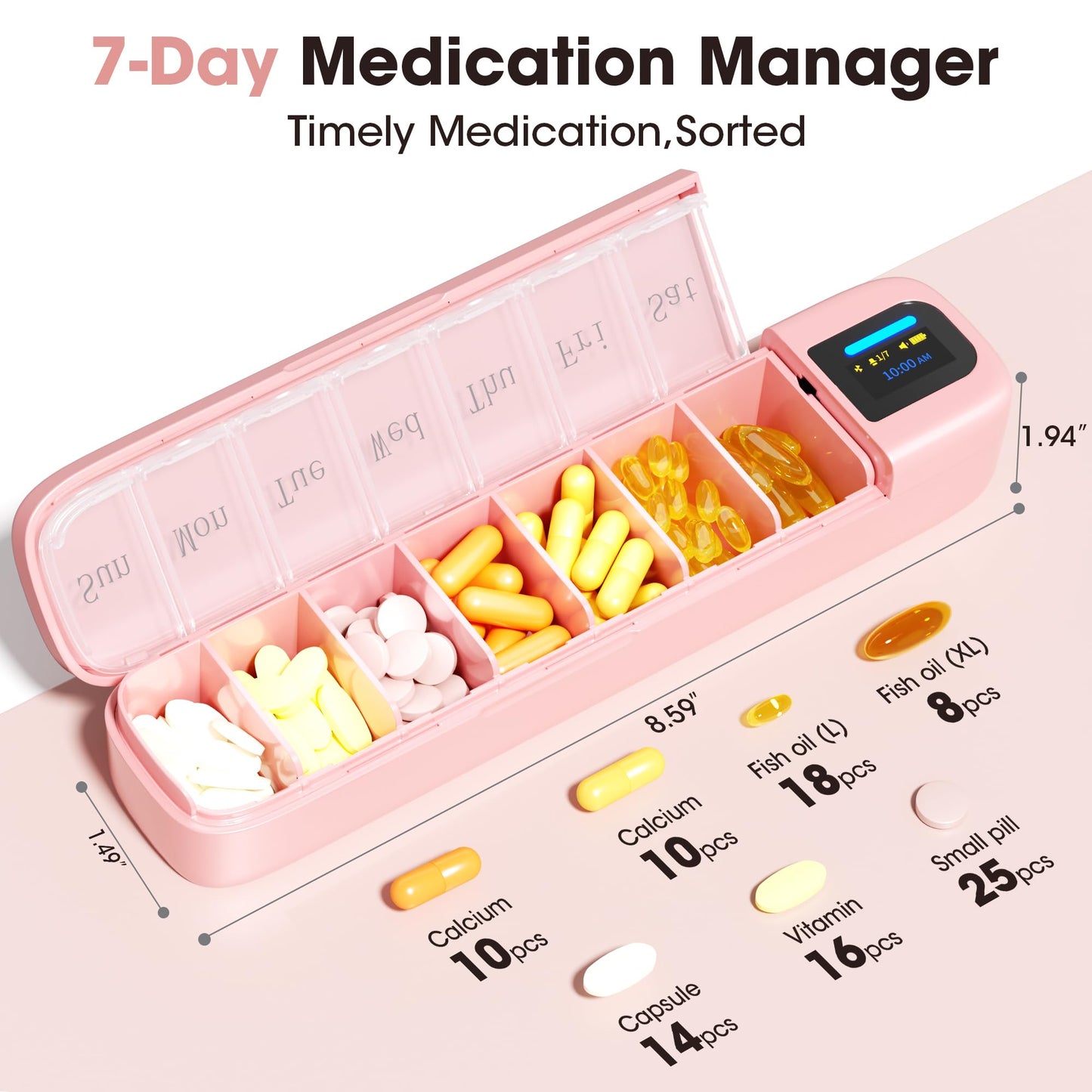 Daviky Automatic Pill Dispenser, Smart Pill Organizer with Alarm, Pill Box 7 Day with APP, Weekly Travel Pill Case, Portable Pill Reminder for Medicines, Supplements and Vitamins (Pink)