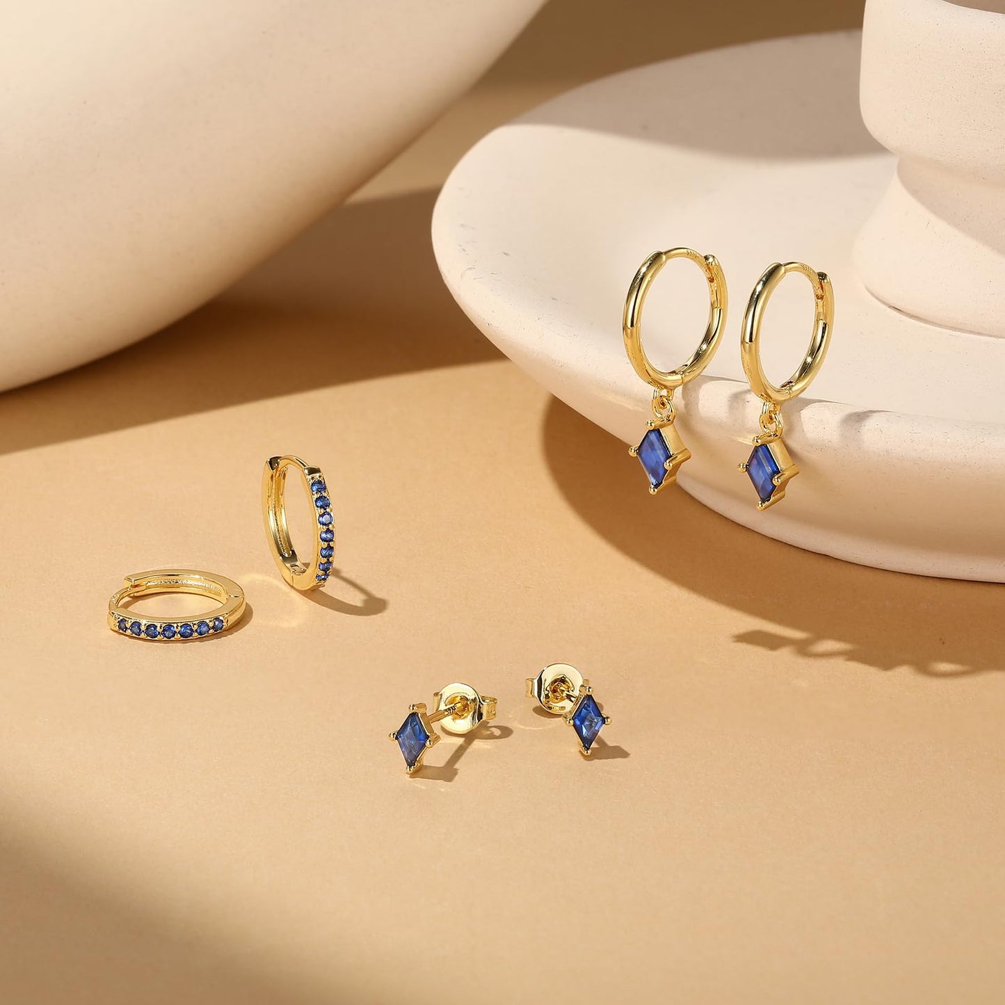 Gold Hoop Earrings Set for Women, Dainty 14K Gold Plated Dark Blue Earrings, Hypoallergenic Trendy Small Earring Stacks Multiple Piercing, Huggies Earring for Women Blue