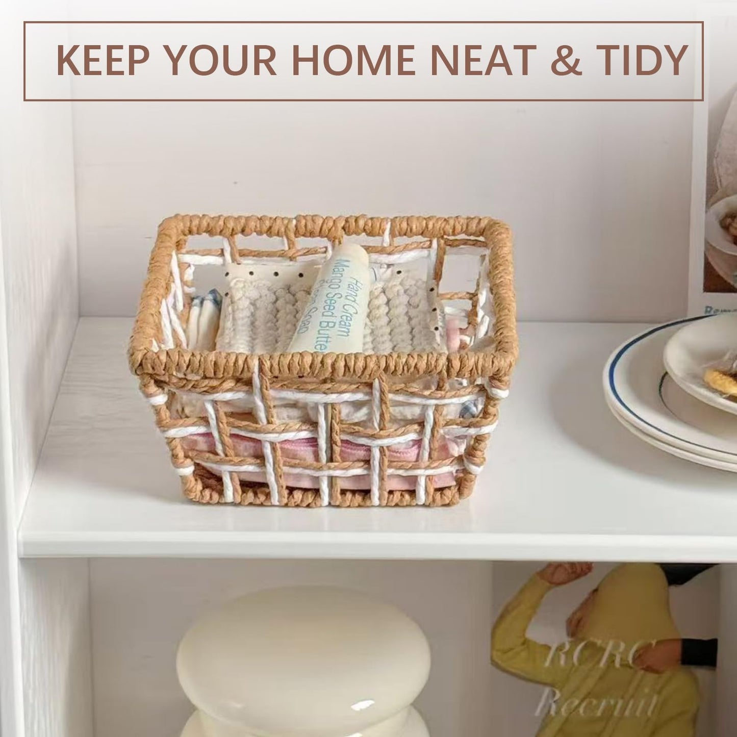 Woven Storage Basket, Rustic Farmhouse Decor, Multi-Purpose Organizer Bin, Countertop & Toilet Tank Basket for Home, Bedroom, Living Room, Entryway (Purple and Beige)