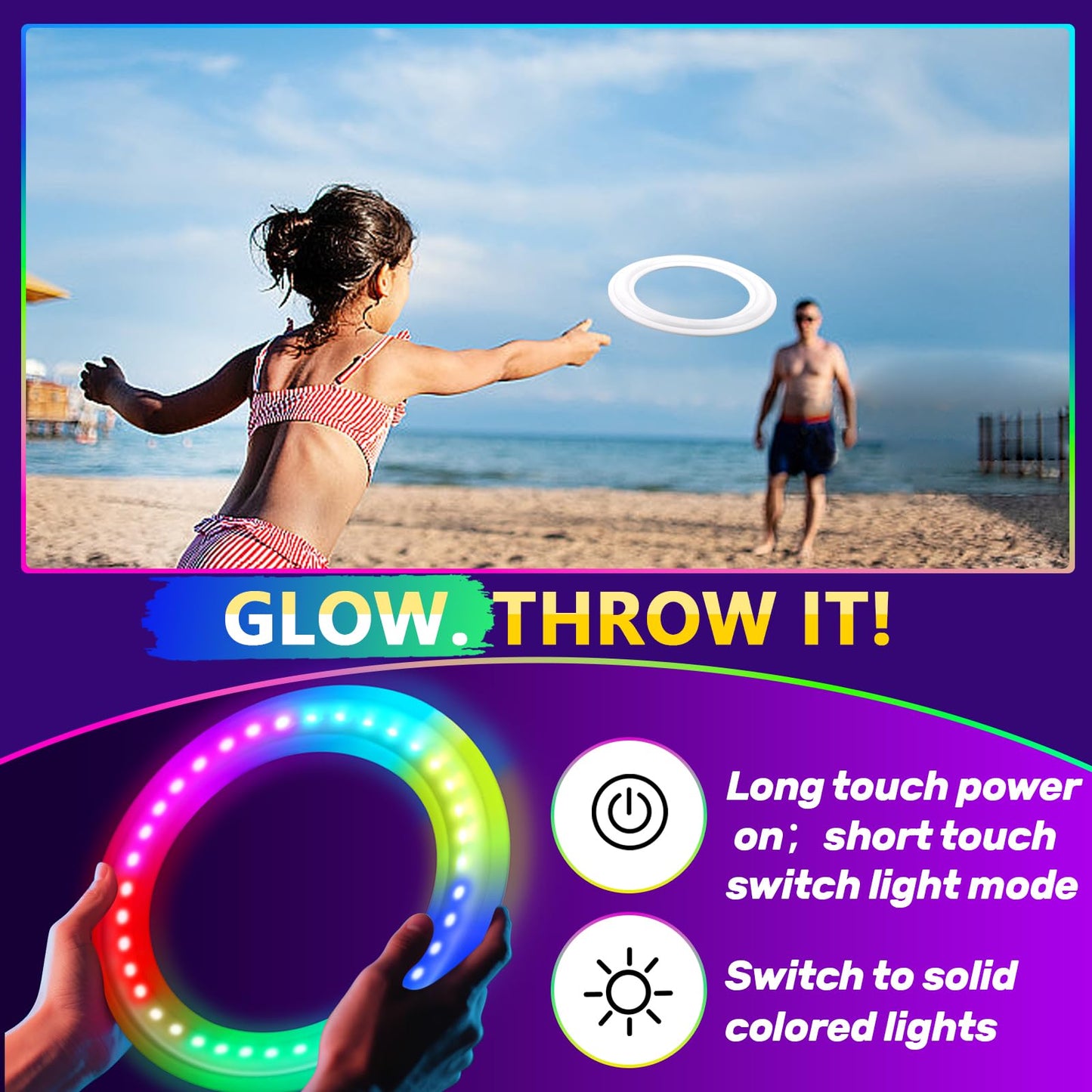 Light up Flying Ring Disc Toy for Kids Adults, 10" Large 12 Dynamic Modes Glow in The Dark Flying Ring, Led Flashing Beach Sport Disc, Outdoor Sport Activities Yard Night Camping, Toss Catch Game