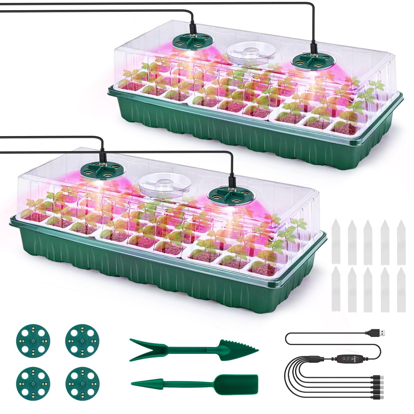 Pattiumo 2 Packs Seed Starter Tray with Grow Lights, 72 Cells Silicone Seed Starter Kits with Humidity Dome, 3 Lights for Seed Starting, 4 Timing Set, 8 Full Spectrum Germination Kit for Plant Seeds