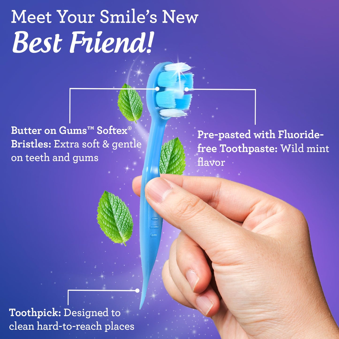 GuruNanda Ready-to-Go Disposable Mini Travel Toothbrush - Butter on Gums Softex Bristles, Prepasted Toothbrush & Toothpick - Fluoride-Free, No Rinsing Needed, Individually Wrapped, 70 Ct