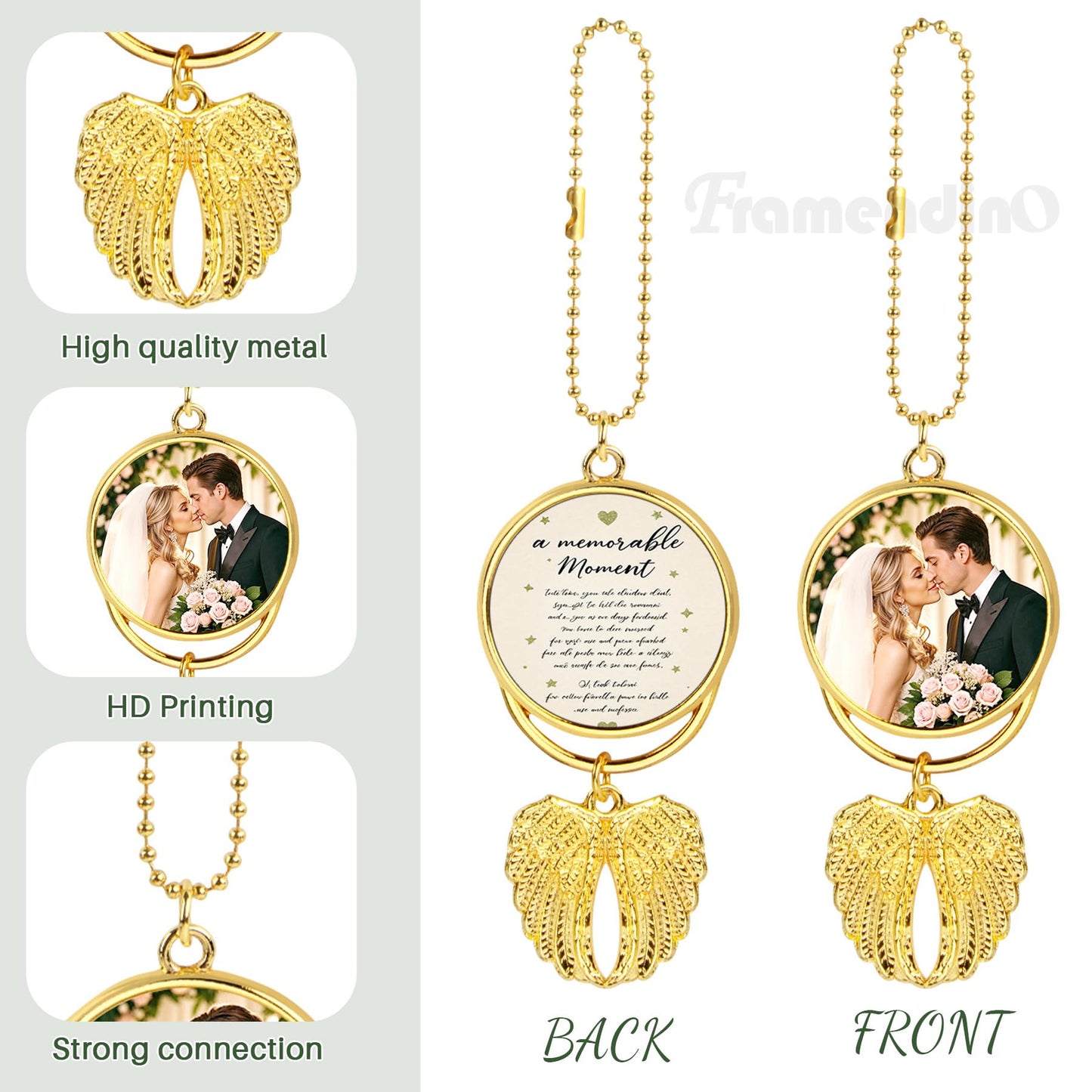 Framendino, 10 Pack Gold Angel Wings Car Hanging Ornaments Mirror Accessories Blank Personalized Heat Transfer Photo Frame Keychain for DIY Crafts