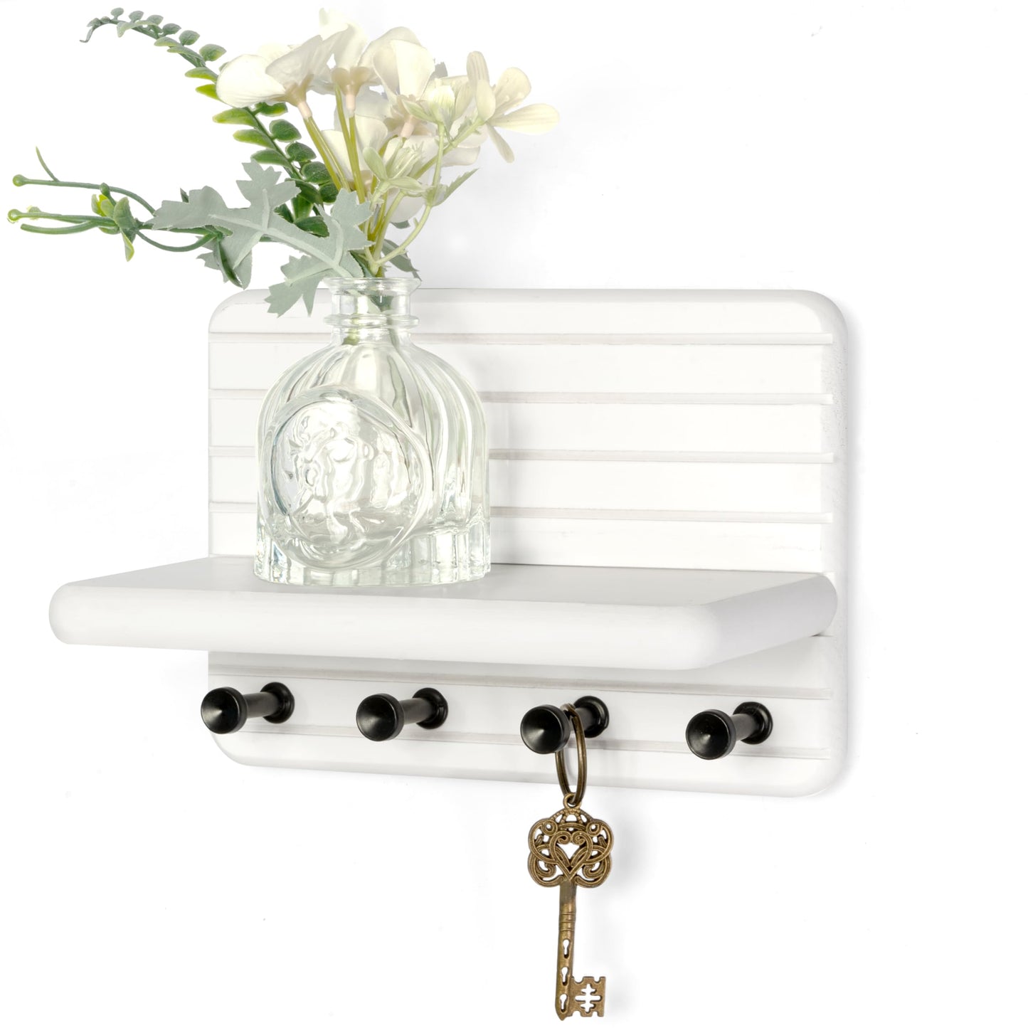 Rebee Vision Small Key Holder Wall Mount for Home Storage – Stylish 7-Inch Key Holder for Wall with 4 Hooks & Mini Floating Shelf - Beautify Your Entryway, Living Room, Bedroom Decor (White)