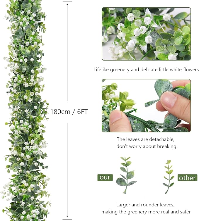 Faux Eucalyptus Garland 4 Pack – 24ft Artificial Greenery Vine with White Flowers for Wedding, Party & Mantle Decor