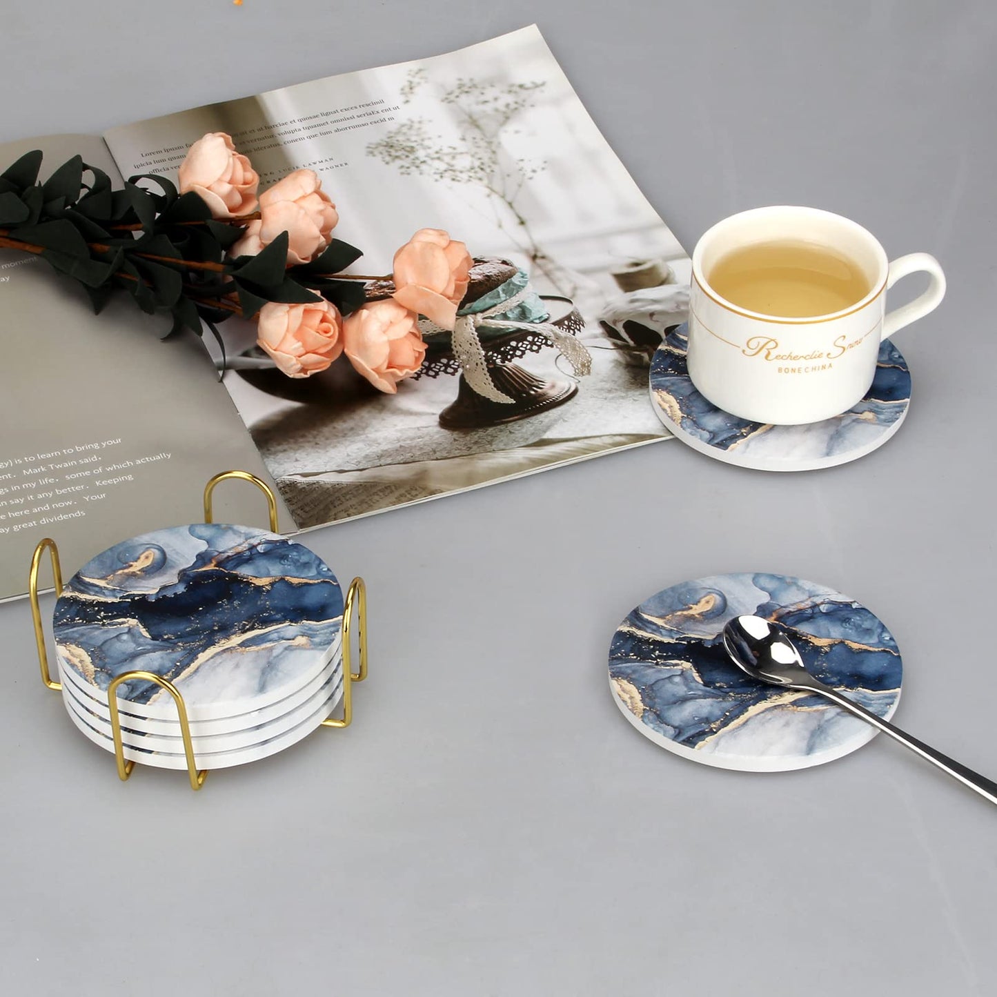 Dksyee Coasters Set of 6, Navy Blue Marble Abstract Round Ceramic Coasters with Holder, Best Absorbent Drink Coaster Set, Coffee Table Decor for Home Decor House Warming Gifts New Home