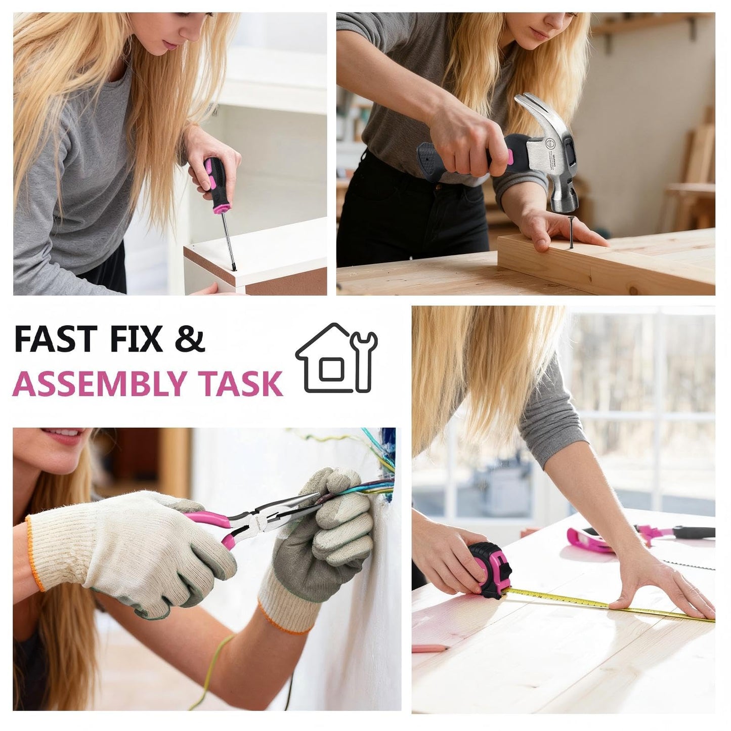 Pink Tool Set,Tool Bag for Women with Shoulder Strap,Basic Tool Kit,21Pcs,Tool Pouch with Zipper,Portable Tool Bag with Tools for Home|Dorm|Office|DIY|Desk|Apartment