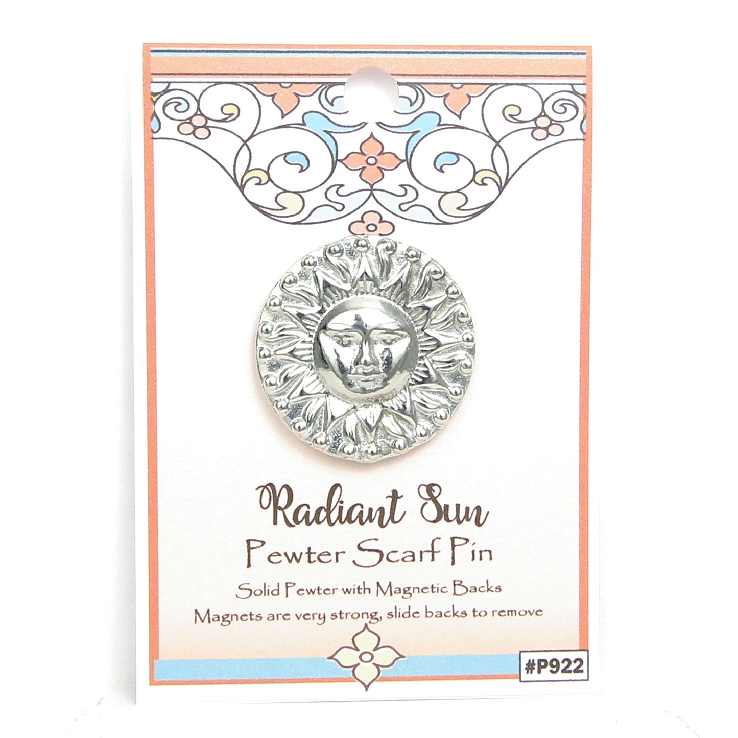 Pewter Celestial Sun Pin - Magnetic back No Holes in Clothes - Gift Packaged - Handcrafted in USA (Shipped by Amazon Prime)