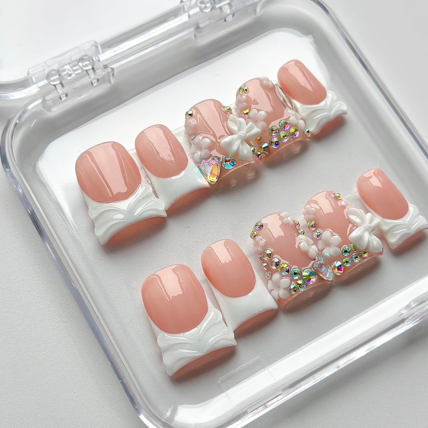 Luxury Press on Nails Short Duck Handmade 3D Unique Reusable ABS Material Fake Nails White French Tip False Nails with Designs Flower Butterfly Rhinestones Glossy Glue on Nail Thick Acrylic Nail(M)