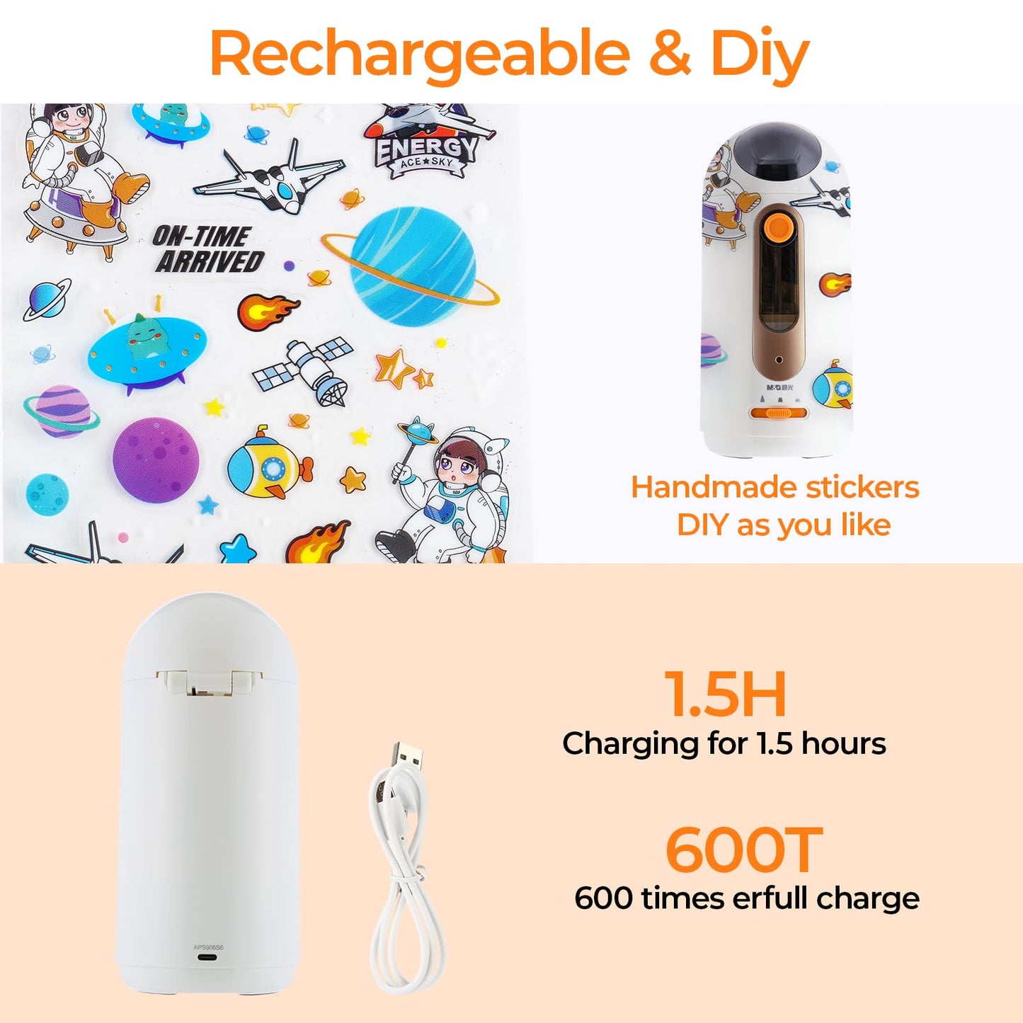 M&G Electric Pencil Sharpener for Colored Pencils 6.5-11mm, Fully Automatic Astronaut Design Pencil Sharpener, Auto In & Out Hands-Free, Rechargeable USB/Battery Operated, Home Classroom Office, White