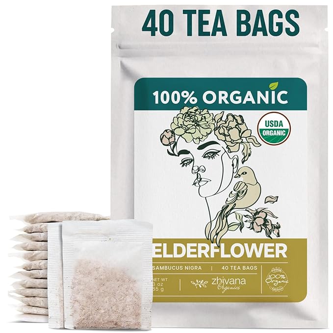 Organic Elderflower Tea (40 Tea Bags) - Elder Flowers Tea for Respiratory Health, Immunity - Herbal TeaBags for Cold Weather Days - Seasonal Blend - Te de Flor de Sauco
