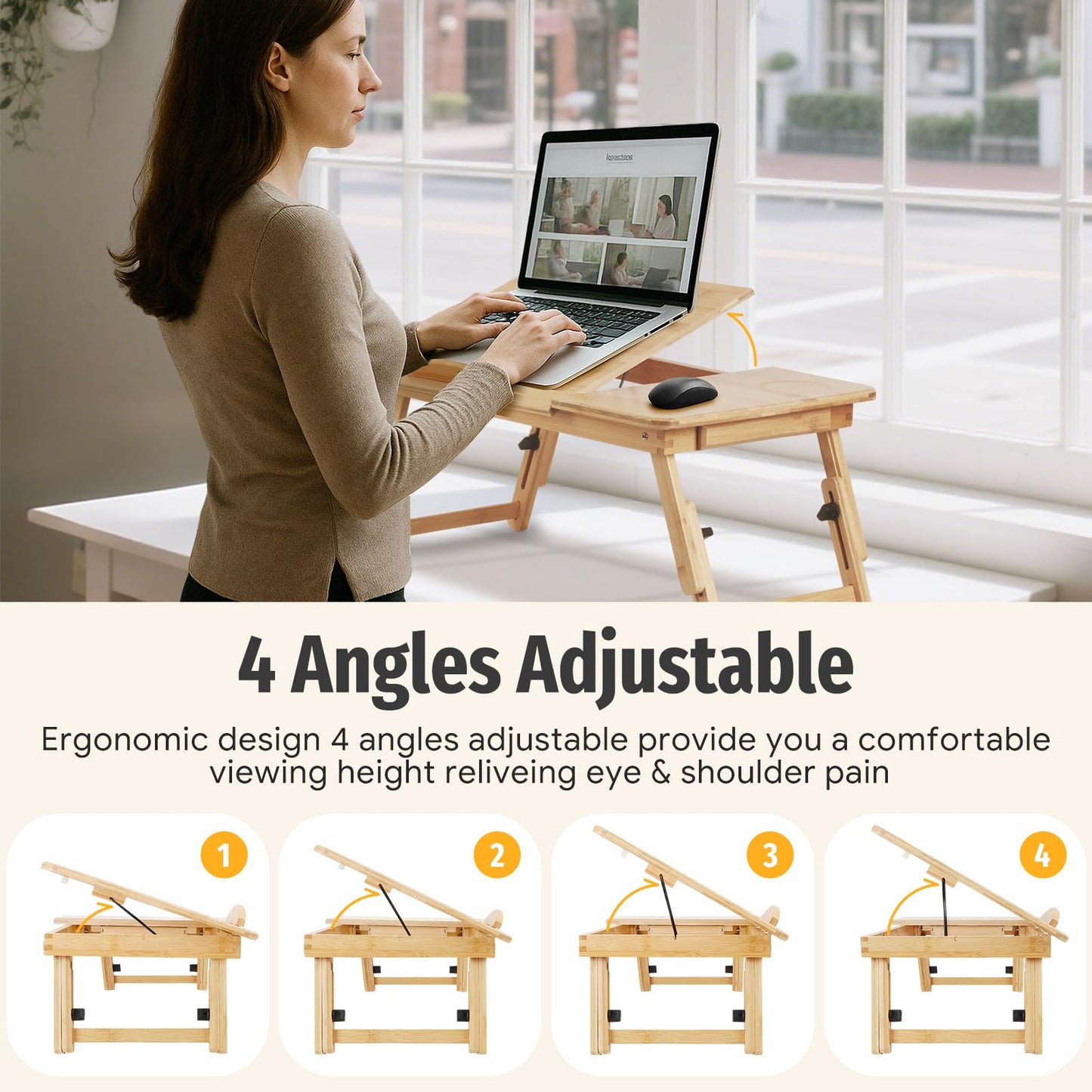 Usofhaus Bamboo Laptop Desk for Bed, Height & Angle Adjustable Foldable Lap Desk with Drawer & Cup Holder, Portable Bed Desk Table for Working, Reading, Writing or Breakfast on Sofa, Couch or Floor
