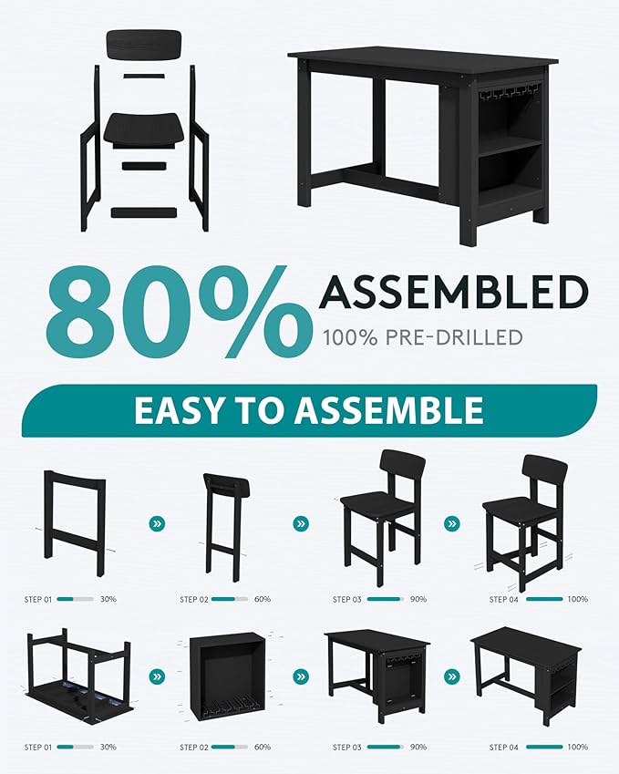 SERWALL 3-Piece Outdoor Counter Height Bar Set, HDPE Patio Bar Table with Wine Rack & Storage Shelf, 2 All-Weather Bar Stools, Patio Bar Dining Furniture Set for 3, Black
