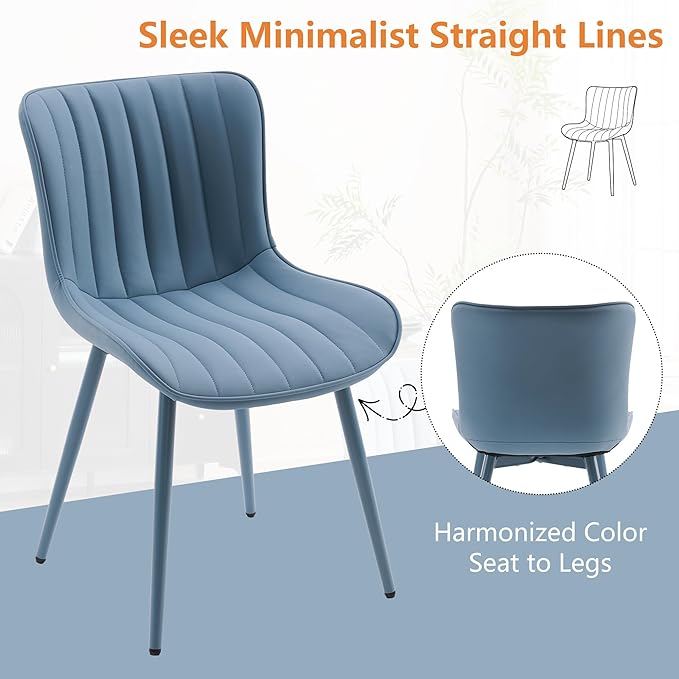 YOUNUOKE Mid-Century Modern Dining Chairs Set of 2, Blue PU Leather Upholstered Kitchen Chairs with Blue Metal Legs, Armless Accent Chair for Dining Room, Guest Reception Room