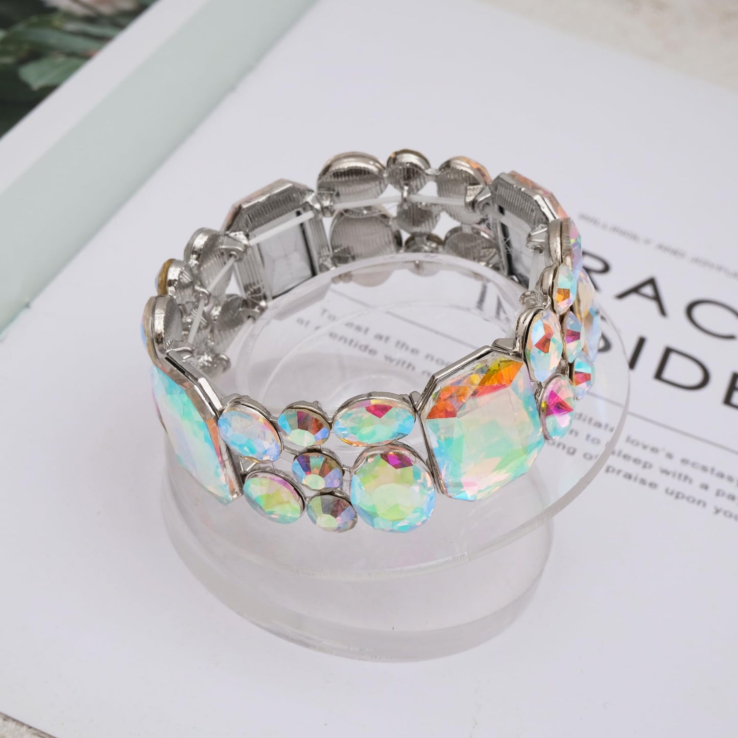 CSY Women's Statement Stretch Wide Bangle Bracelets Austrian Crystal Art Deco Elastic Bracelet for Party Prom (AB crystal-platinum)