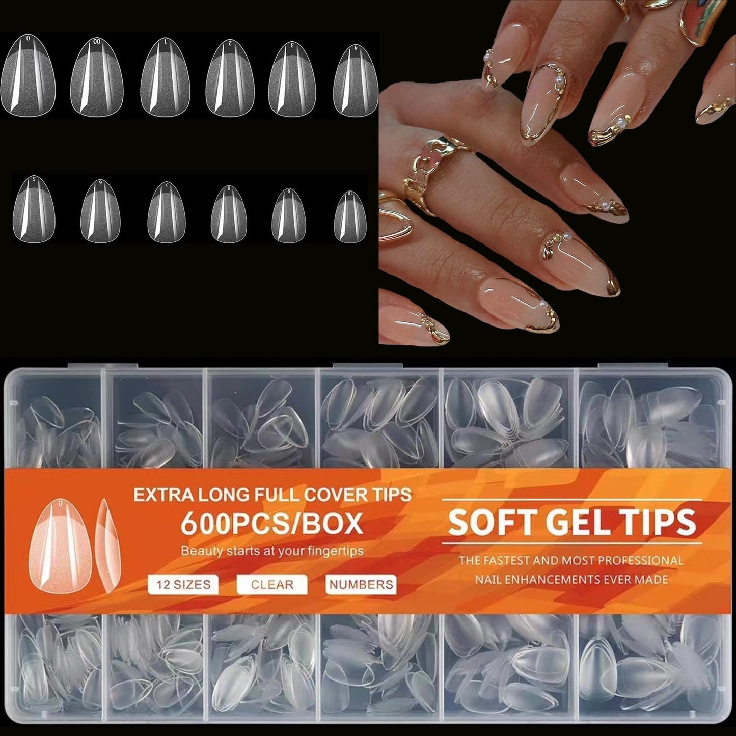 Short Almond Nail Tips, 600pcs Soft Nail Gel Tips Pre-Shaped Acrylic Fake Nails, Half Matte Full Cover Clear Jelly Press on False Nail Tips for Extension Nail Manicure Home DIY 12 Sizes for Women