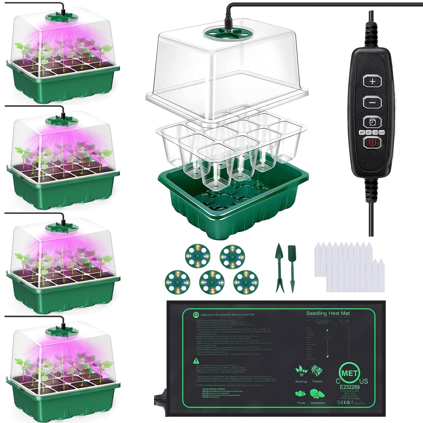 FINEST+ Seed Starter Tray with Heat Mat and Grow Light,5 Pack Seedling Starter Trays with Time Controller,Seedling Starter Tray with Adjustable Brightness,Seed Starting Kit with Adjustable Humidity