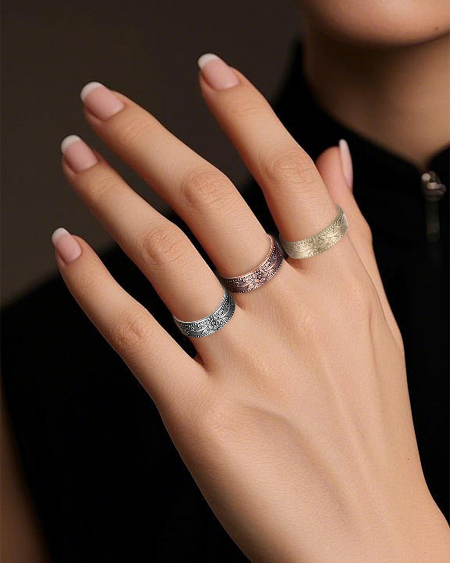 BioMag Magnetic Lymphatic Drainage Ring Set, 3 Pcs 99.99% Pure Copper Rings for Women with 3500 Gauss Magnets, Adjustable Size, Floral Branch and Leaf Pattern