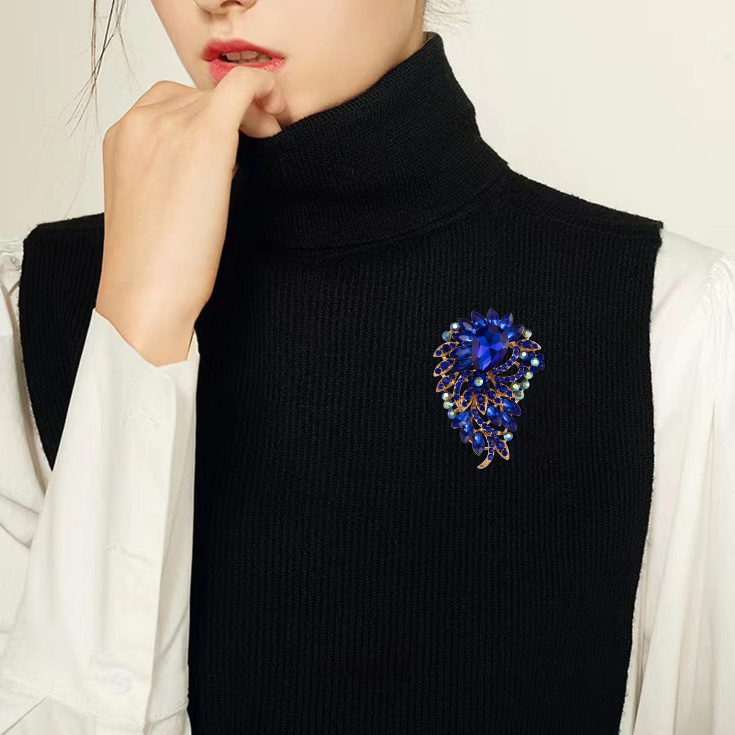 SELOVO Big Large Flower Statement Brooches Pins Scarf Decoration Gold Tone (Blue)