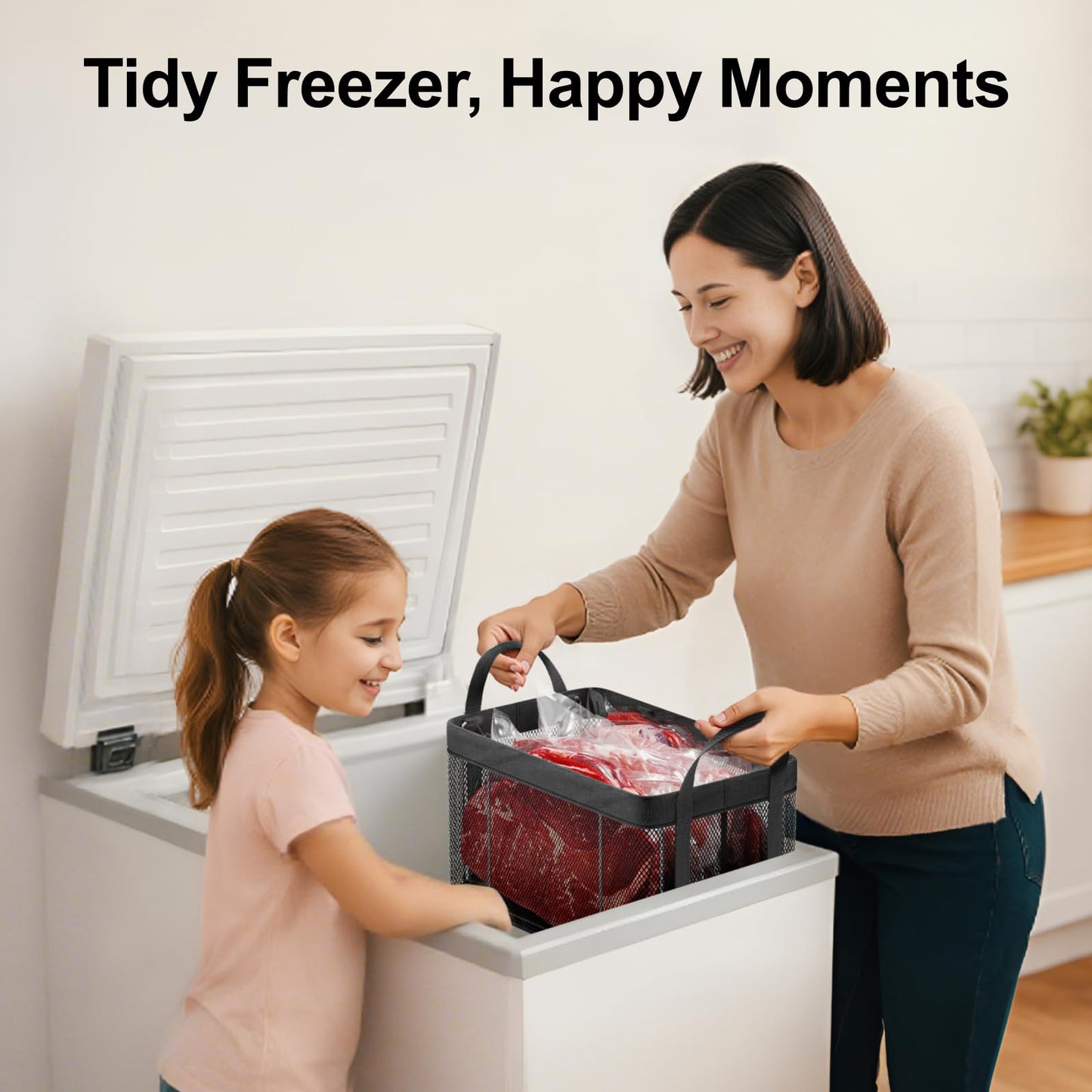 iSPECLE Freezer Organizer Bins, 3 Pack 15" Large Stackable Deep Freezer Organizer Bins for 5 to 7 Cu.Ft Chest Freezer, Sturdy Fabric & Stainless Steel for Meat & Vegetables, Easy Access, Black