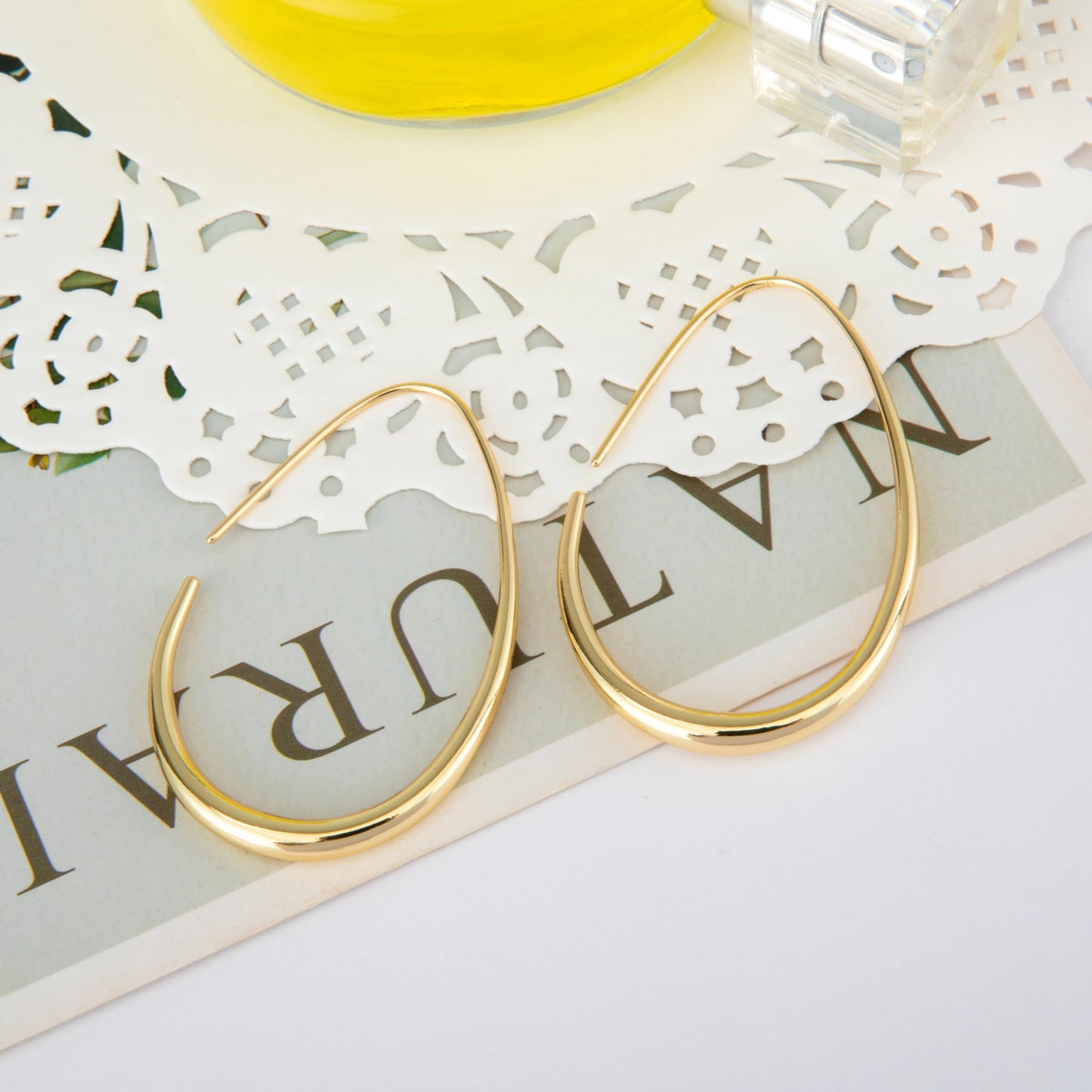 Lightweight Teardrop Hoop Earrings for Women - 14k Gold/White Gold Plated Large Oval Pull Through Hoop Earrings High Polished Statement Jewelry Gift for Women(gold 50 * 30)