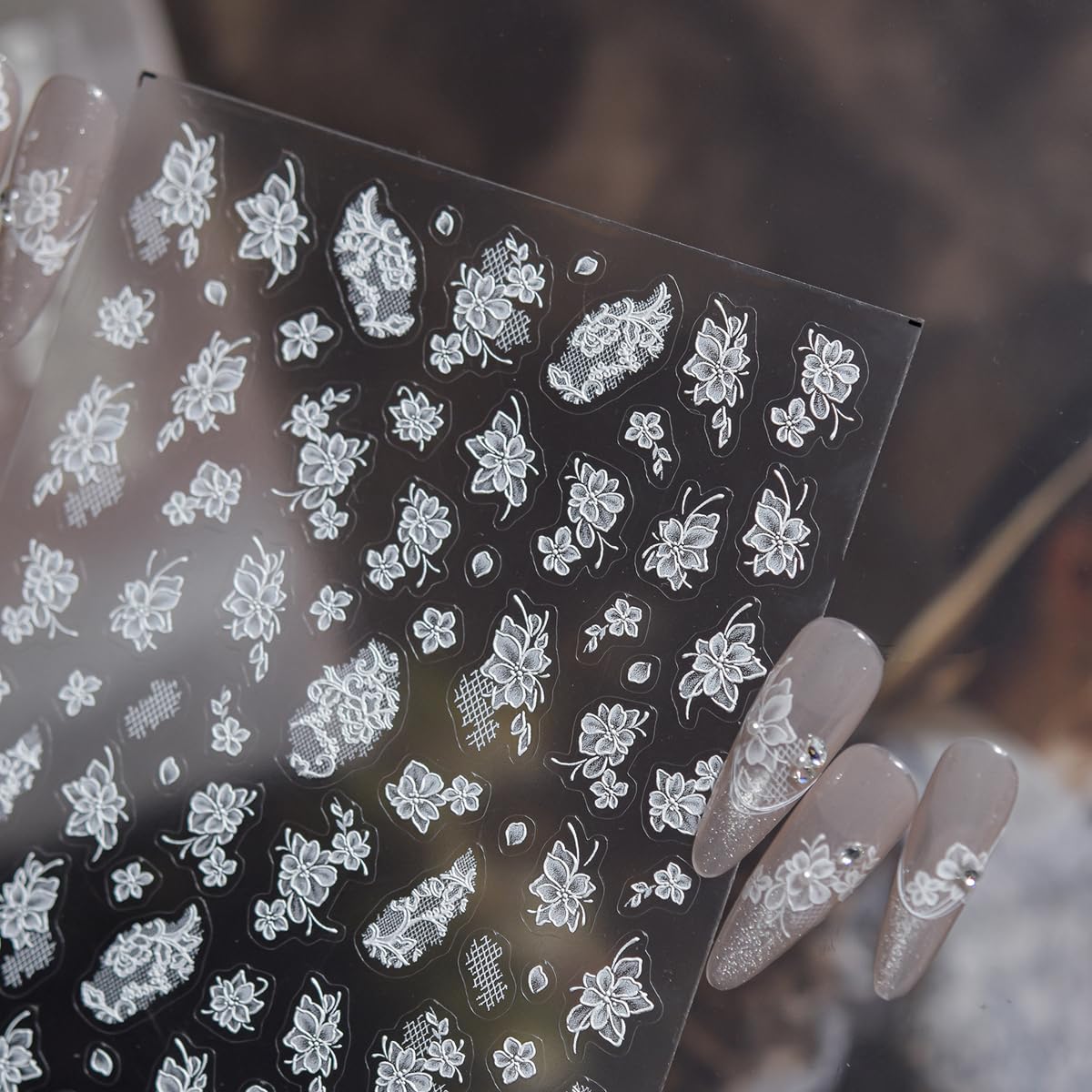White Floral Lace Nail Stickers Spring - Elegant Self-Adhesive Nail Art Decals for Women, DIY Manicure Supplies 1 Sheet