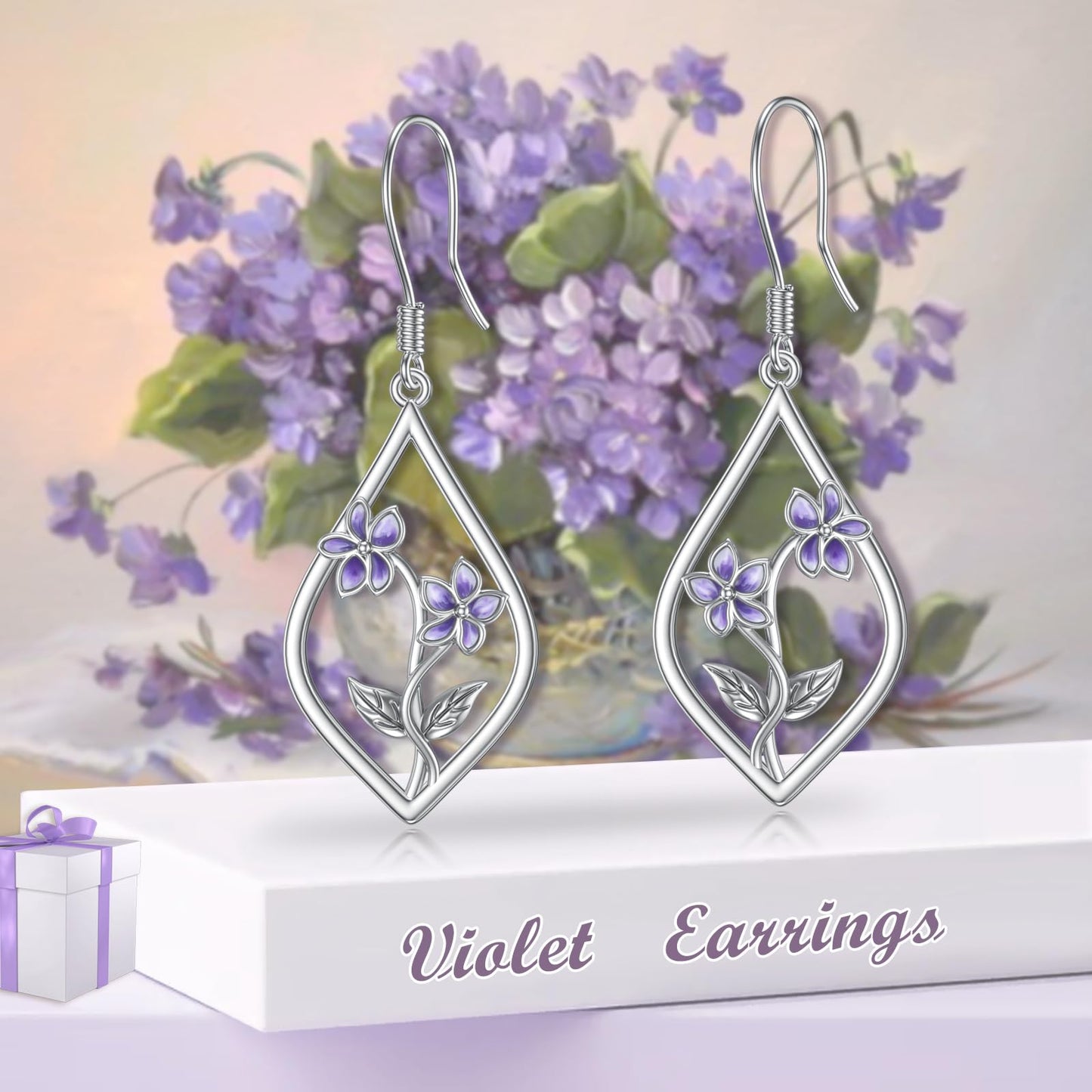 Violet Earrings Sterling Silver Purple Flower Floral Dangle Dangling Drop Earrings Violet Jewelry Gifts for Women