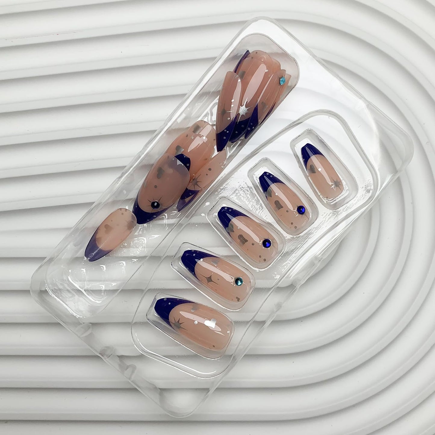 French Tip Press on Nails Medium Almond Fake Nails Blue Nails Tips Star Acrylic Nails with Rhinestone Glue on Nails Glossy Stick on Nails Artificial False Nails for Women Girls 24 Pcs