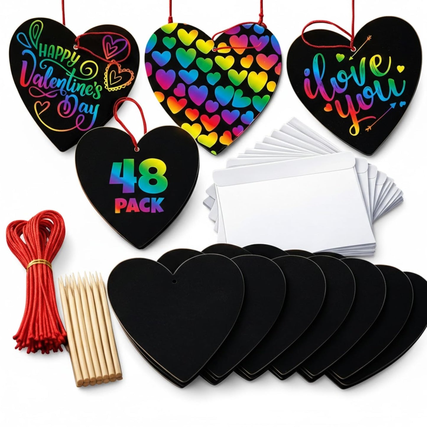 ArtCreativity 48 Pack Scratch Off Valentine Cards for Kids Classroom, Set of 48 Valentine Cards Ink-Free Scratch Off Hearts with Sticks, Red String, and Envelopes, Valentines Crafts