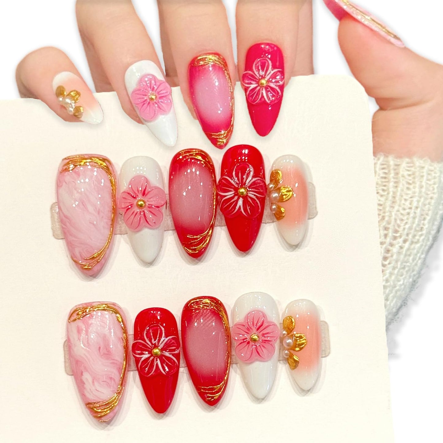 10Pcs Spring Handmade Press On Nails Medium Almond Fake Nails with 3D Flower Gold Foil Design Glossy Acrylic False Nails Reusable Full Cover Nails Press ons Holiday Stick on Nail for Women (S)