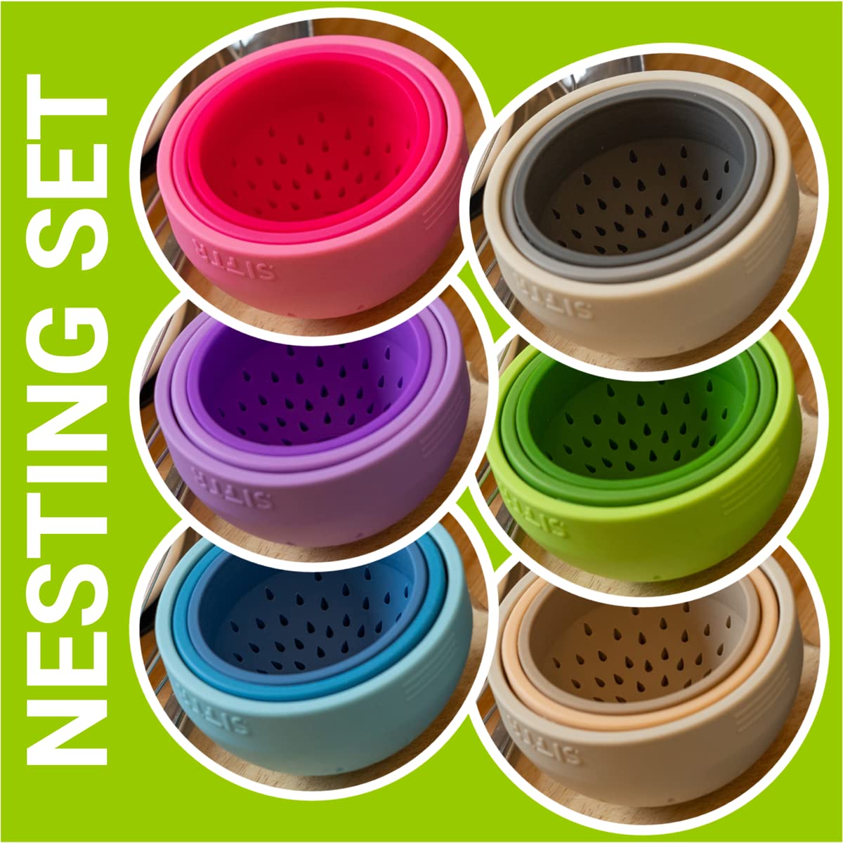 SIFTR (GREEN) Nesting Can Strainer Mini Colander Set - Space Saving Small Colanders and Strainers - Multi Use Kitchen Gadget - Silicone Can Strainer