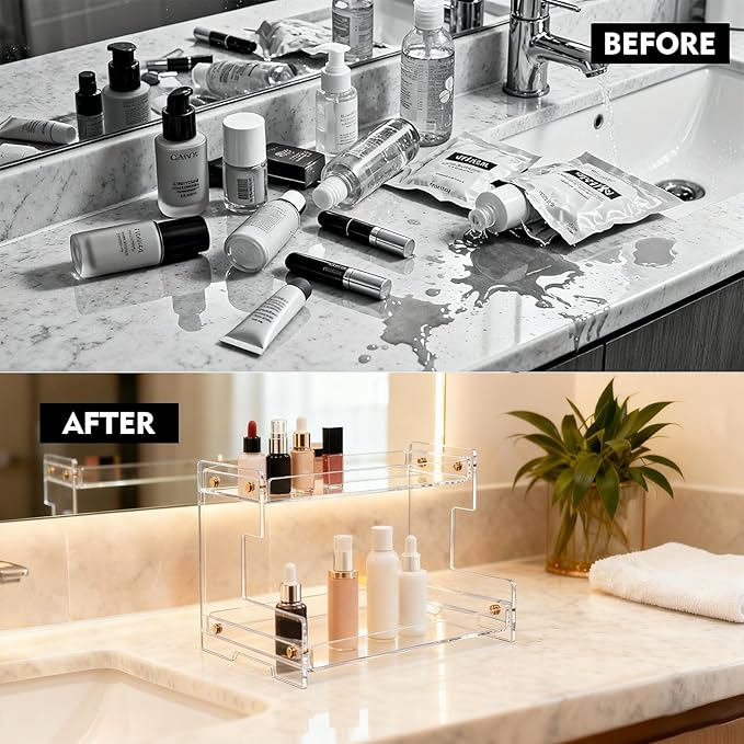 Clear Bathroom Countertop Organizers and Storage,2 Tier Acrylic Cosmetics Stand Vanity Storage Organizer,Large Capacity Corner Shelf for Bathroom,Dresser,Kitchen 11.4" L x 8.3" W x 10.2" H