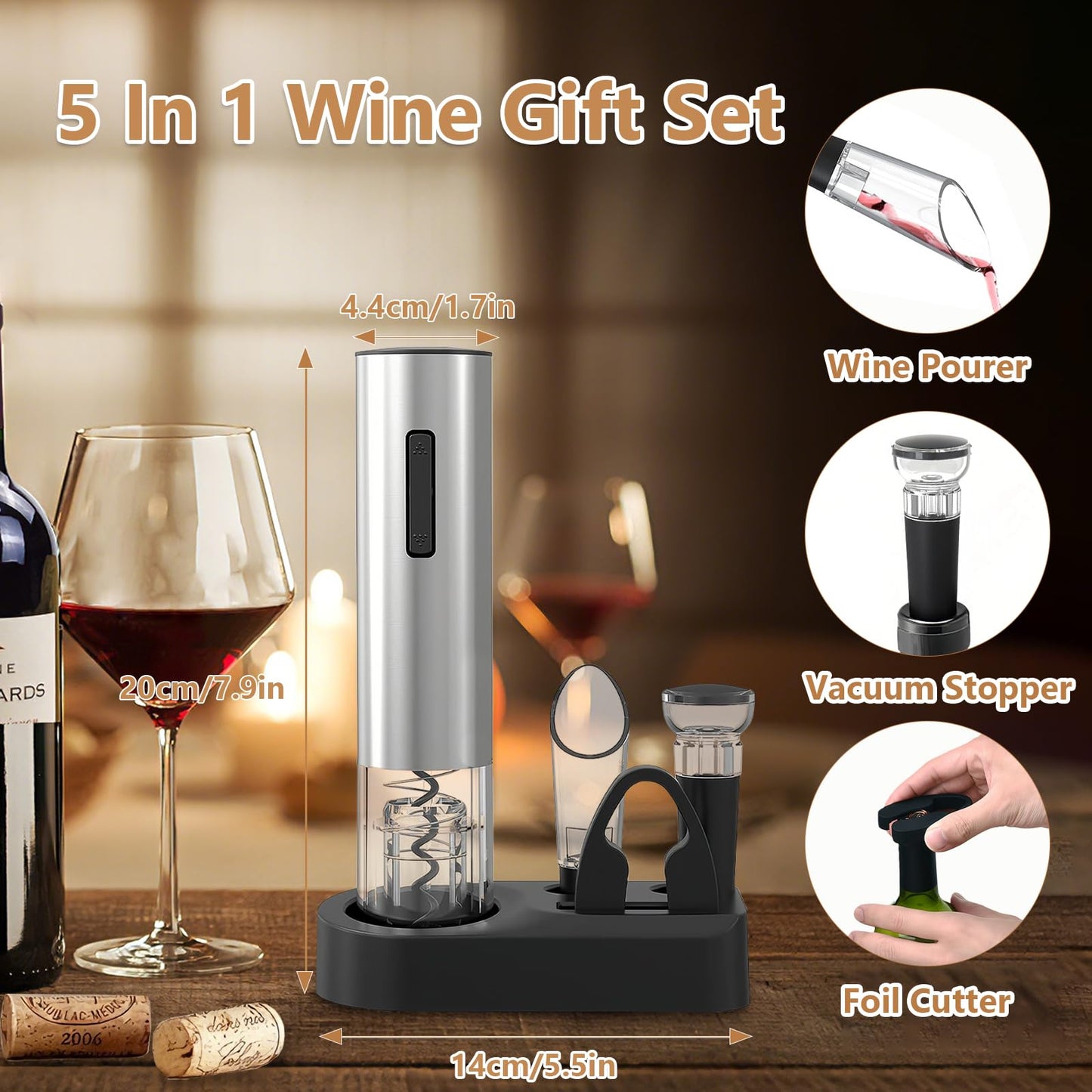 Electric Wine Opener - 5 Piece Set with Storage Base,Foil Cutter,Aerating Pourer & Vacuum Stoppers | USB-C Rechargeable | 40+ Opens Per Charge | Wine Opener Gift for Wine Lovers