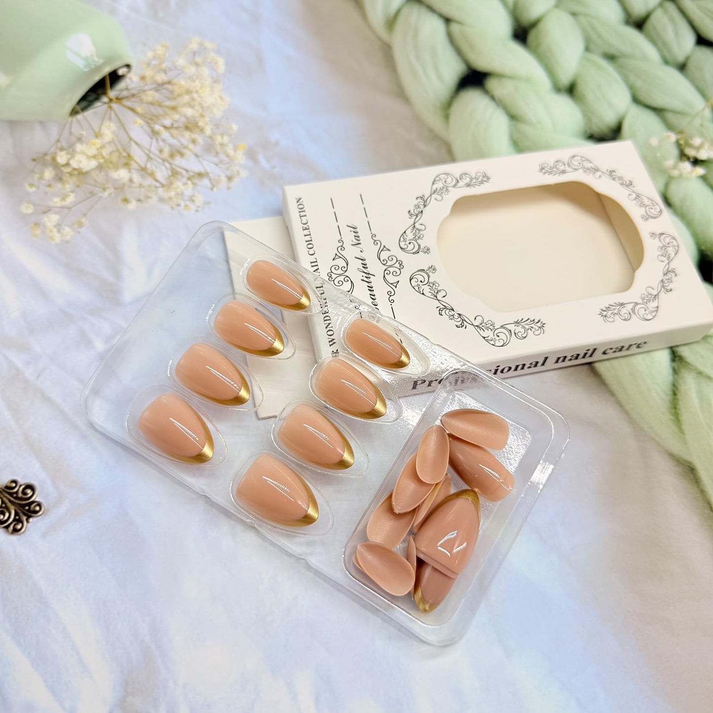 French Press on Nails Almond Fake Nails with Designs Glitter Gold Stick on Nail Cute Medium Acrylic False Nail Nude Pink Artificial Nail Press ons Glossy Full Cover Glue on Nails for Women