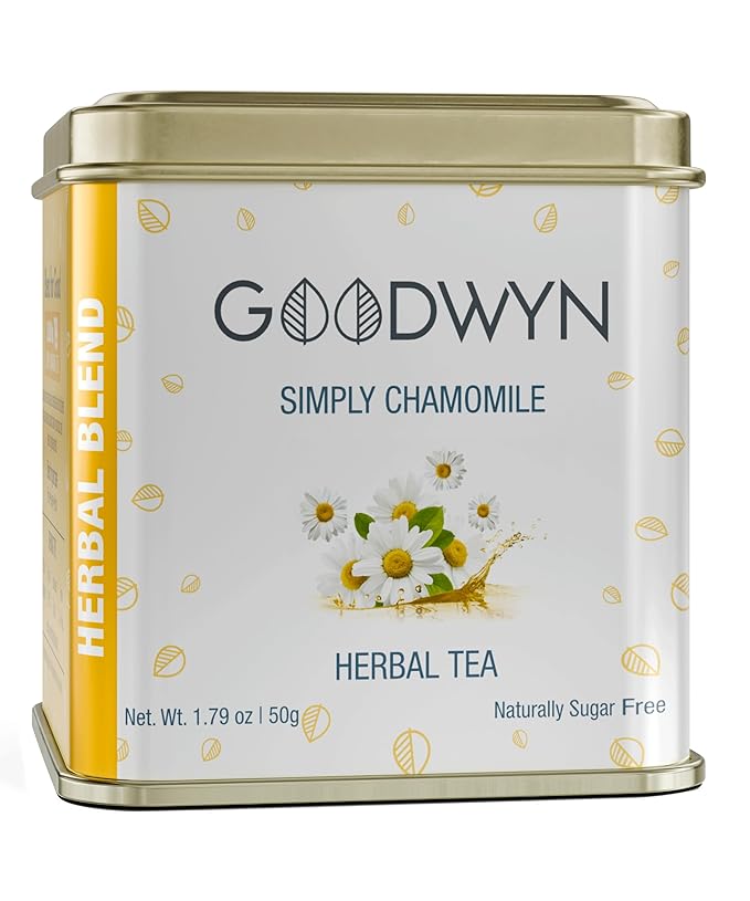 Goodwyn Chamomile Tea Loose Leaf – 25 Cups (50g / 1.76 oz) | Caffeine-Free Dried Chamomile Flowers & Real Petals in Premium Reusable Tin | Sugar-Free Organic Herbal Tea | Indian Origin | Perfect for Gifting | Aromatic & Natural Tea