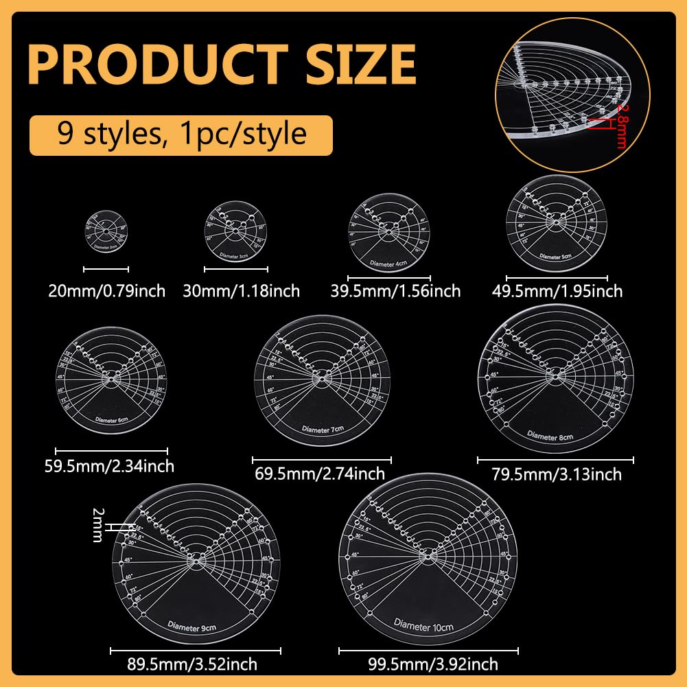 BENECREAT 9Sizes Acrylic Round Center Finder Compass, 2~10cm Diameter Center Finder Tools, Sashiko Embroidery Drawing Template Quilt Stitch Rulers for Woodworking, Quilting and Embroidery
