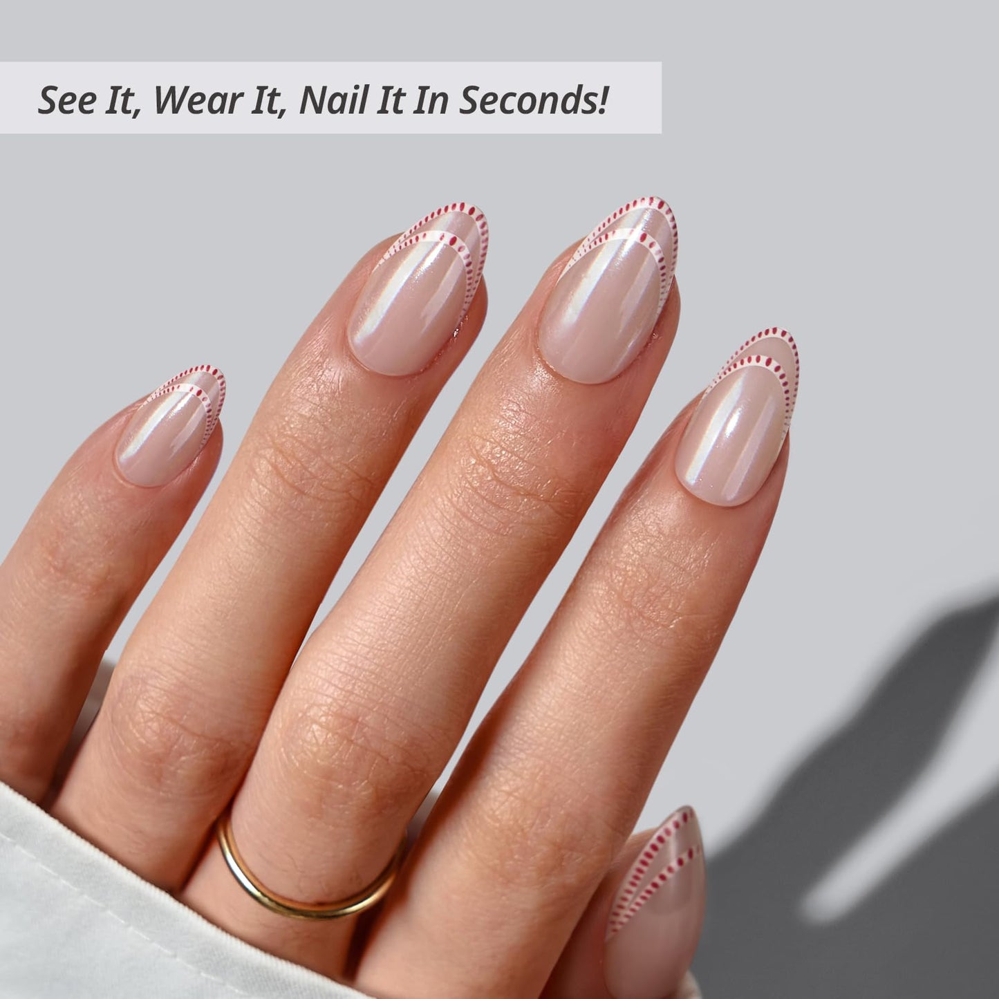 BTArtbox French Tip Press On Nails - Peppermint Kiss, White Pink Short Almond Press On Nails with Glue and Adhesive Tabs for Women in 16 Sizes - 32 Soft Gel Glue On Nails Kit