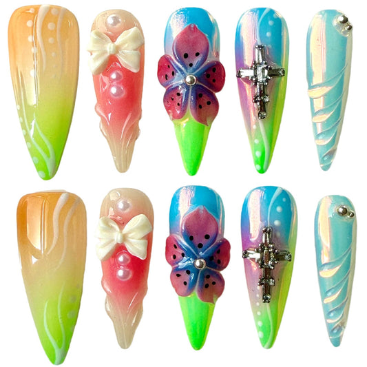 Handmade Press On Nails, 3D Flower Bow Cross Design, Long Stiletto Shape, Pastel Gradient Acrylic Fake Nails Gift set for Women Rainbow (S)