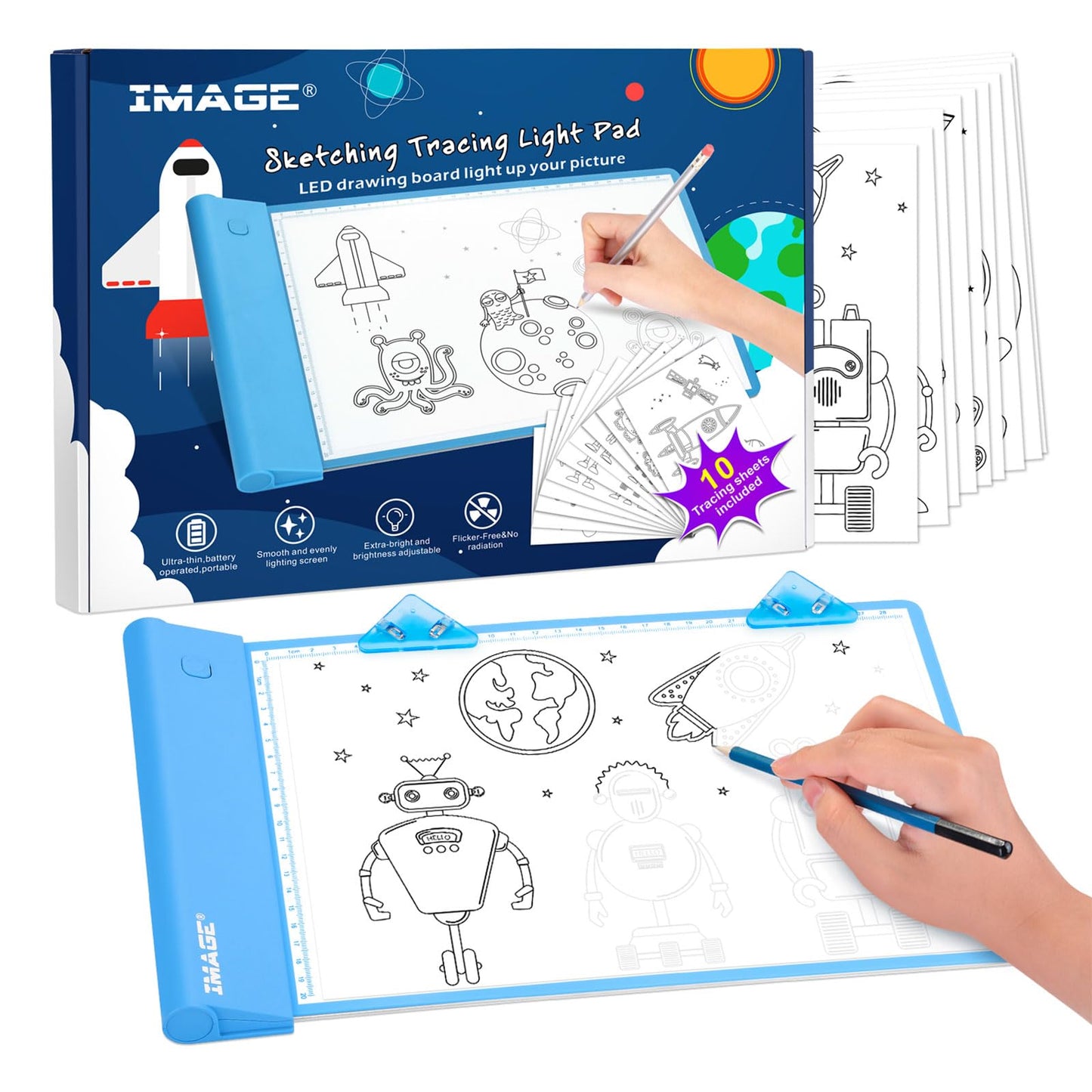 IMAGE Light Up Tracing Pad for Kids Drawing Tablet Board Children Portable Art Christmas Gift for Boys Girls Ages 6+ (Includes 10 Traceable Sheets and Two Clips), Durable & Fun Creative Toy(Blue)