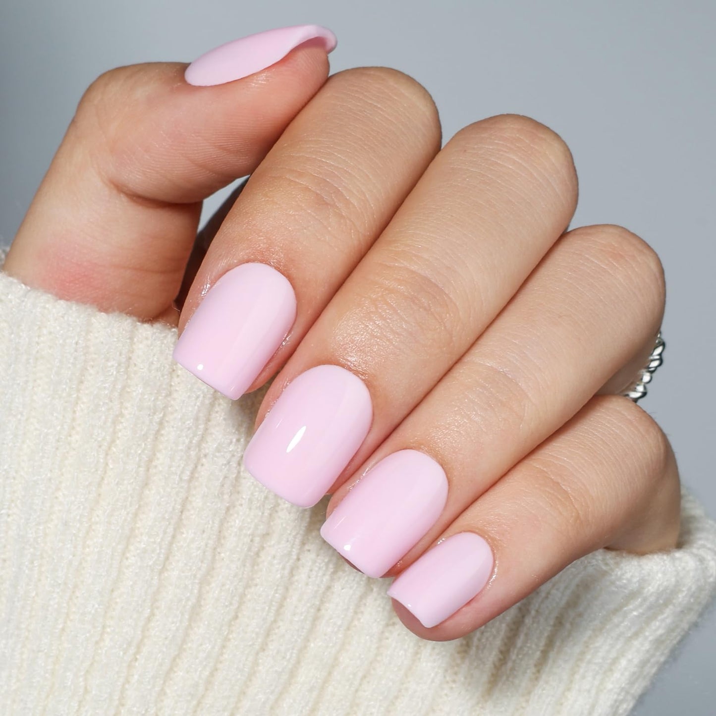 Pink Press On Nails Short Square - Solid Light Pink Glossy Fake Nails with Glue and Adhesive Tabs for Women, Reusable Press On Nail Kit, 30 PCS in 15 Sizes