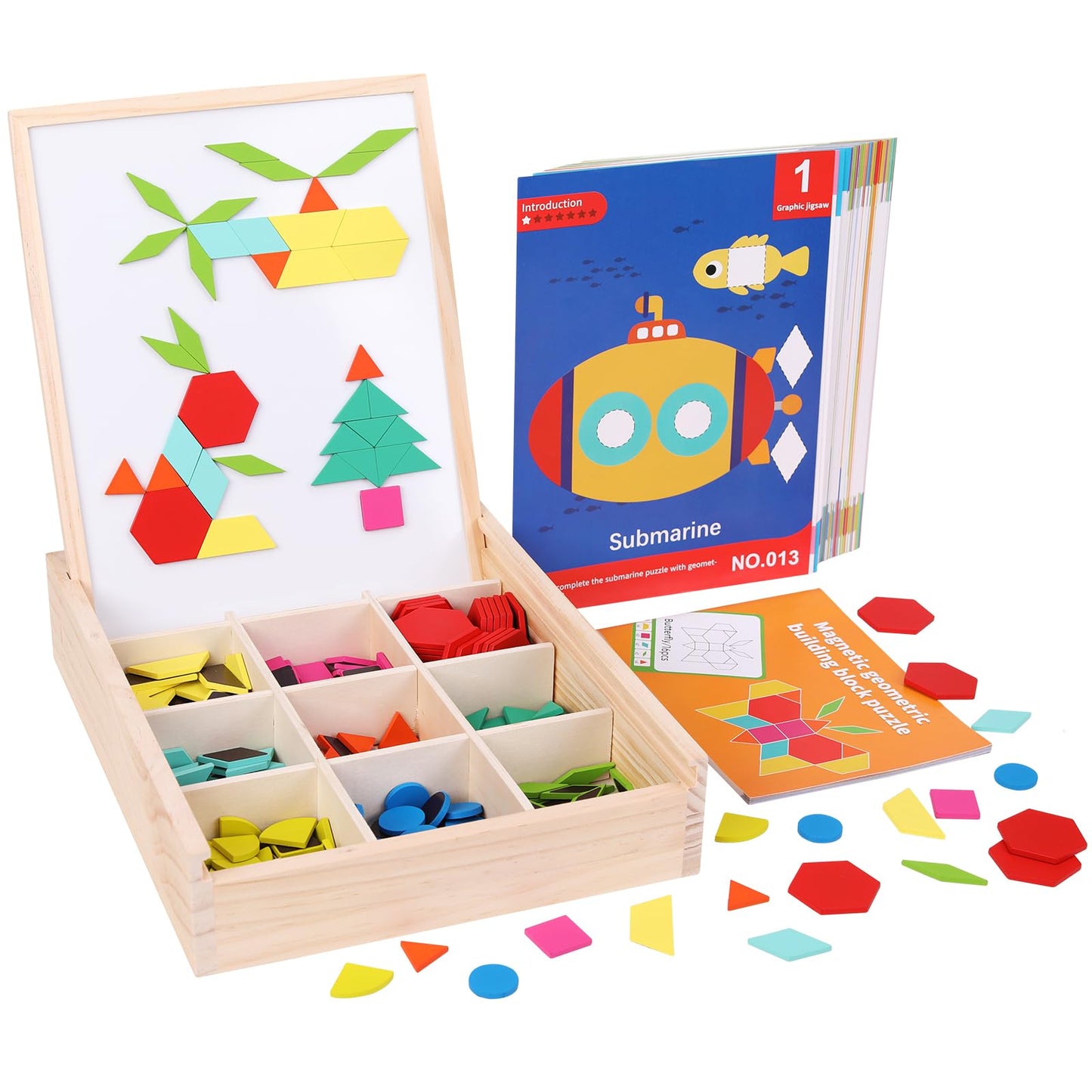 GEMEM 288 PCS Wooden Magnetic Pattern Blocks Set,Montessori Tangram Puzzle STEM Toys for Kids Ages 3-8, Educational Learning Toys Gift