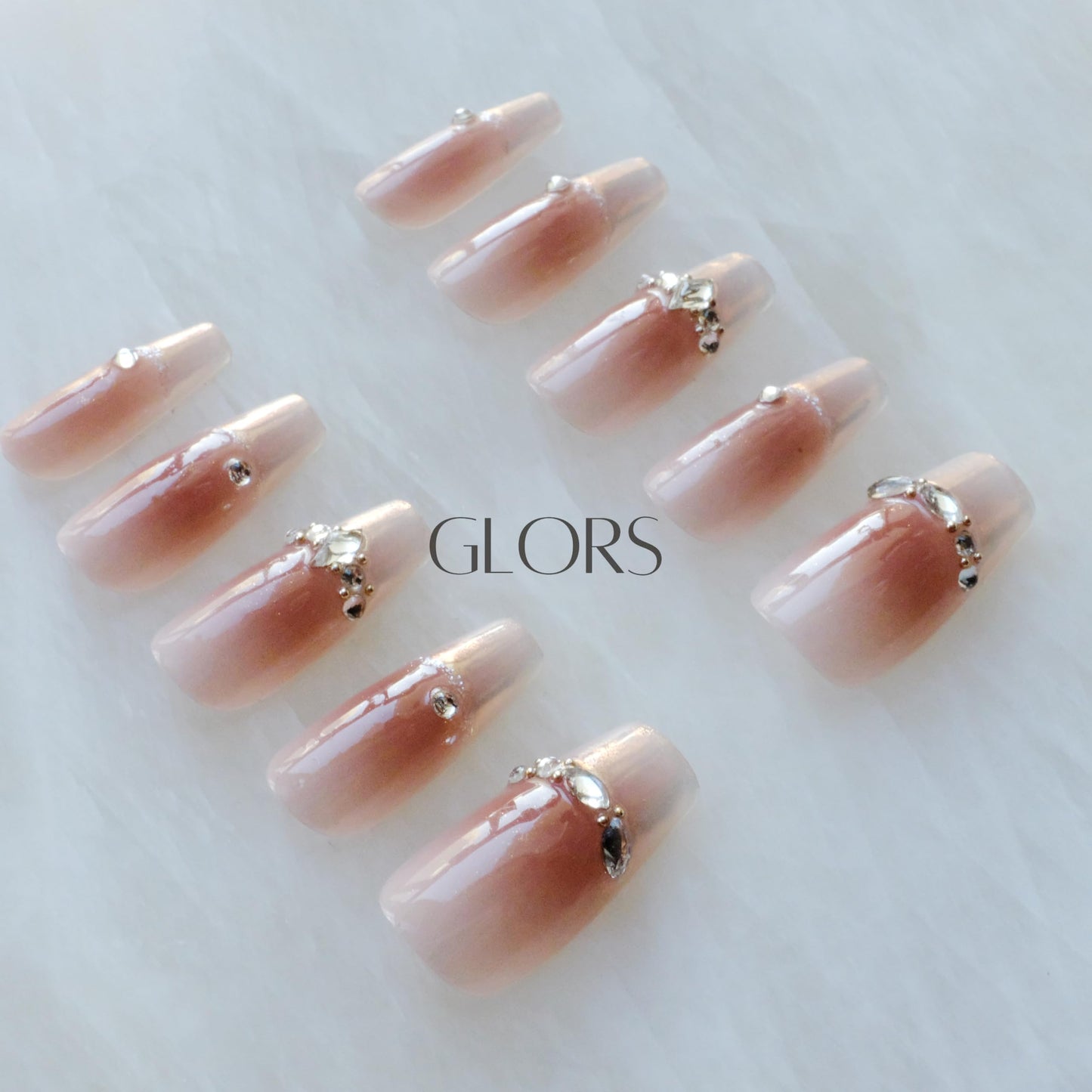 GLORS Long Ballerina Press-on Nails, Pink French Style with Rhinestones, Coffin Shape, Handmade False Nail 10 Pieces (Large,LB)